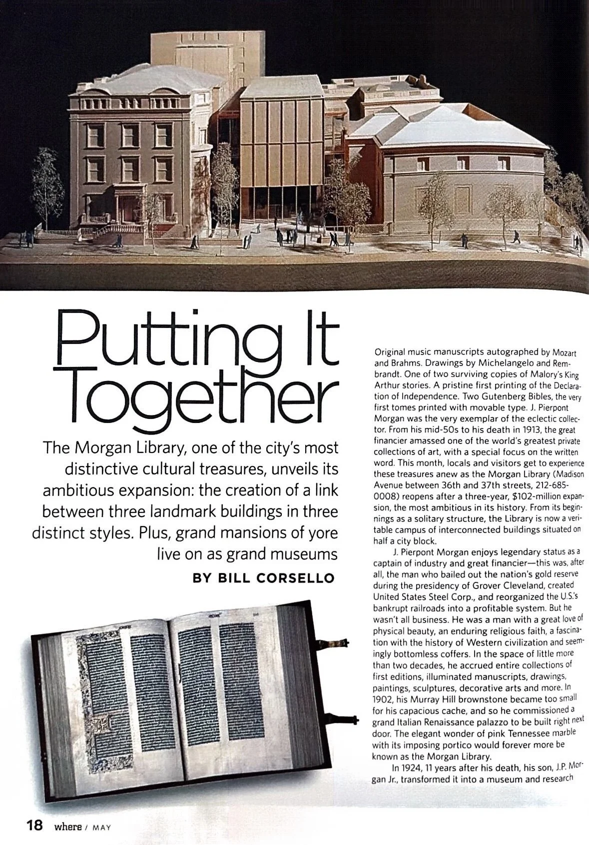 A magazine page featuring an architectural model of the Morgan Library, a historic building, accompanied by an article about its history and significance, including an image of an open historical manuscript book.