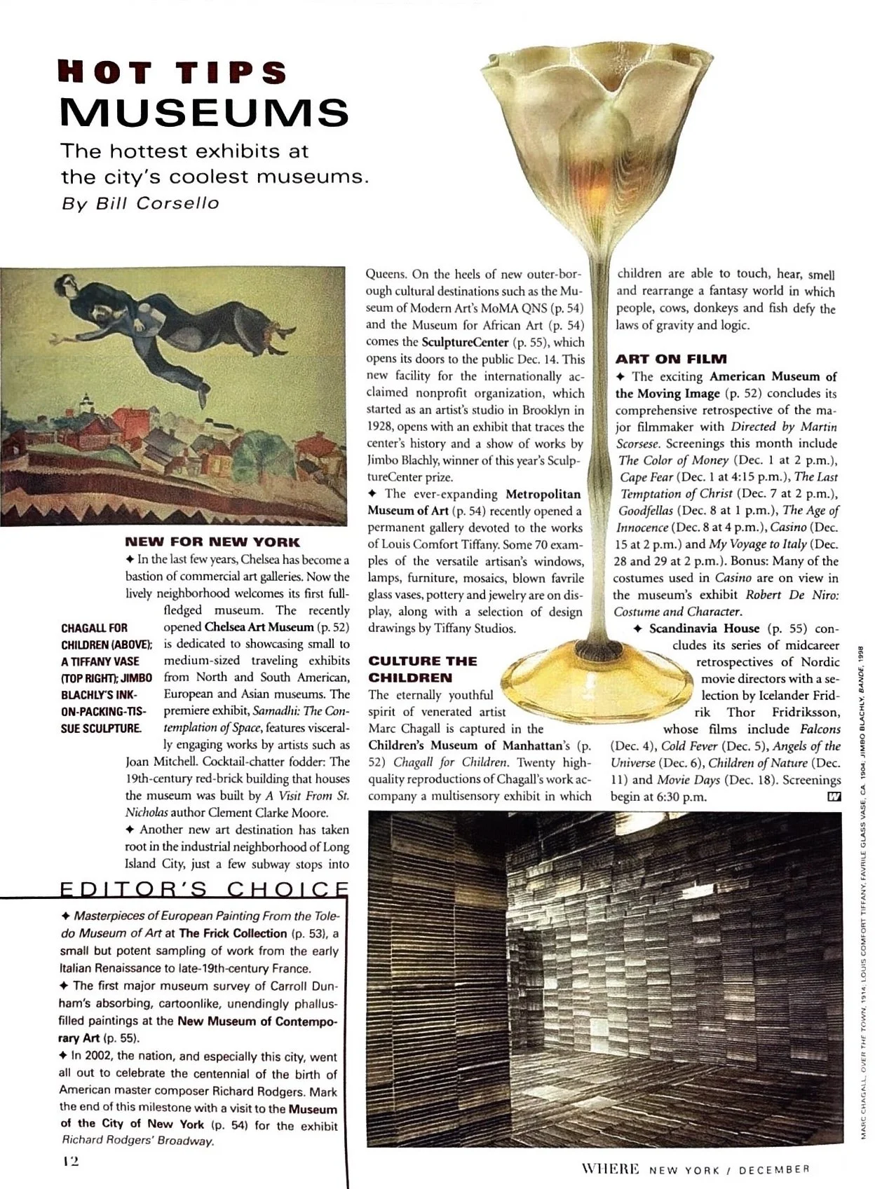 Magazine page featuring museum exhibits, a Tiffany glass vase, and an art installation with textured walls. Includes headings: 'Hot Tips Museums,' 'New for New York,' and 'Editor's Choice.'