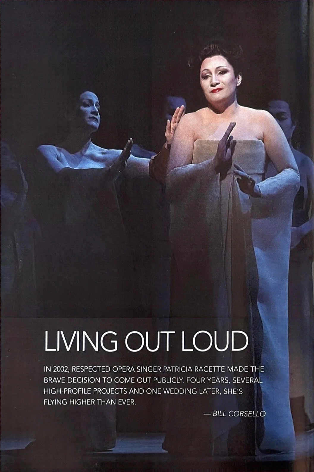 Poster featuring opera singer Patricia Racette with text about her coming out, with theatrical background