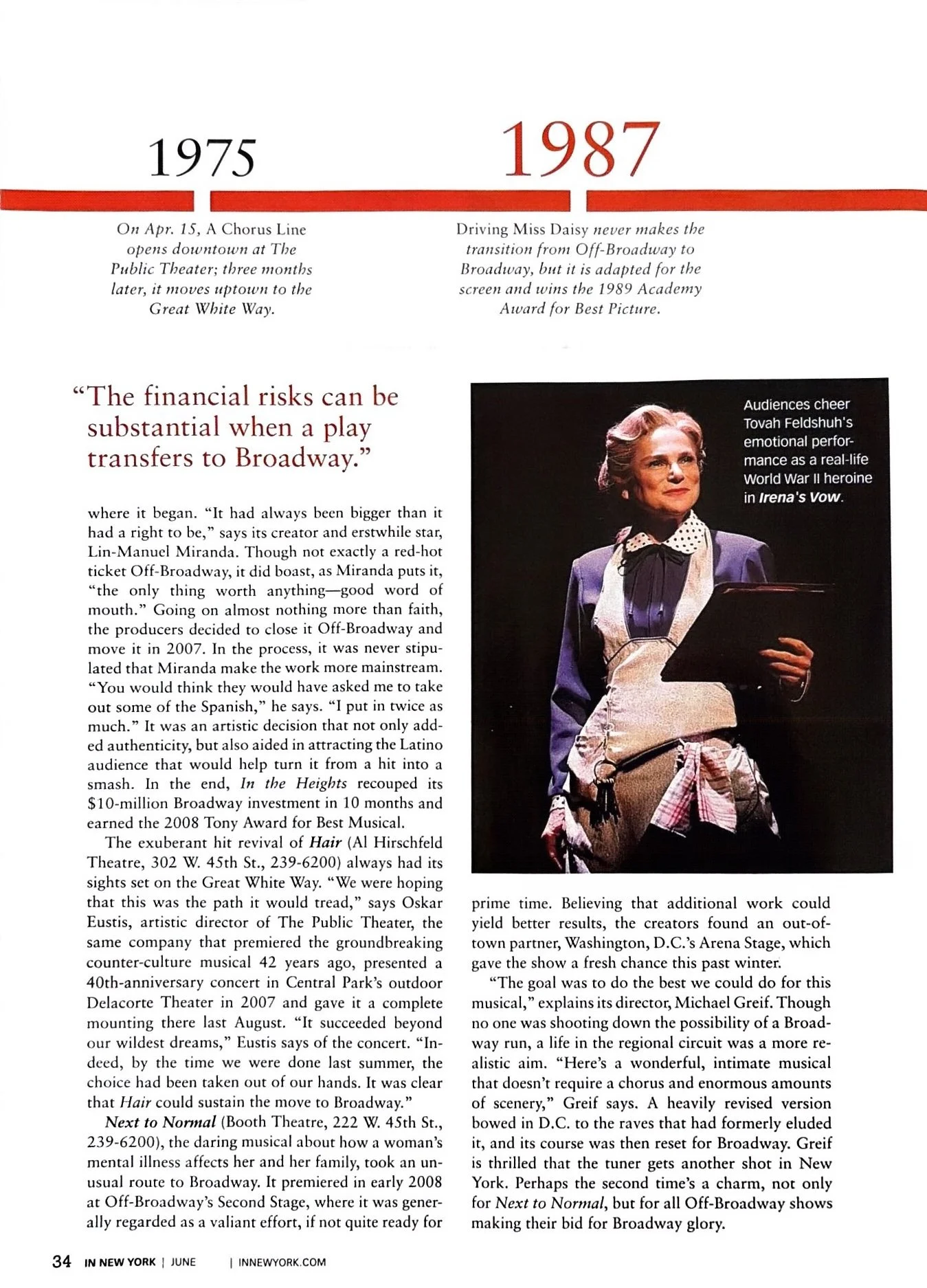 Page from a magazine featuring a timeline from 1975 to 1987, a quote about Broadway, and a photograph of a woman performing on stage.