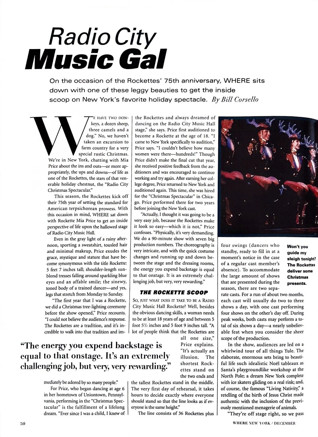 Article about Radio City Music Hall's Rockettes and their 75th anniversary performance, featuring a photo of Rockettes in costume performing during a holiday show.