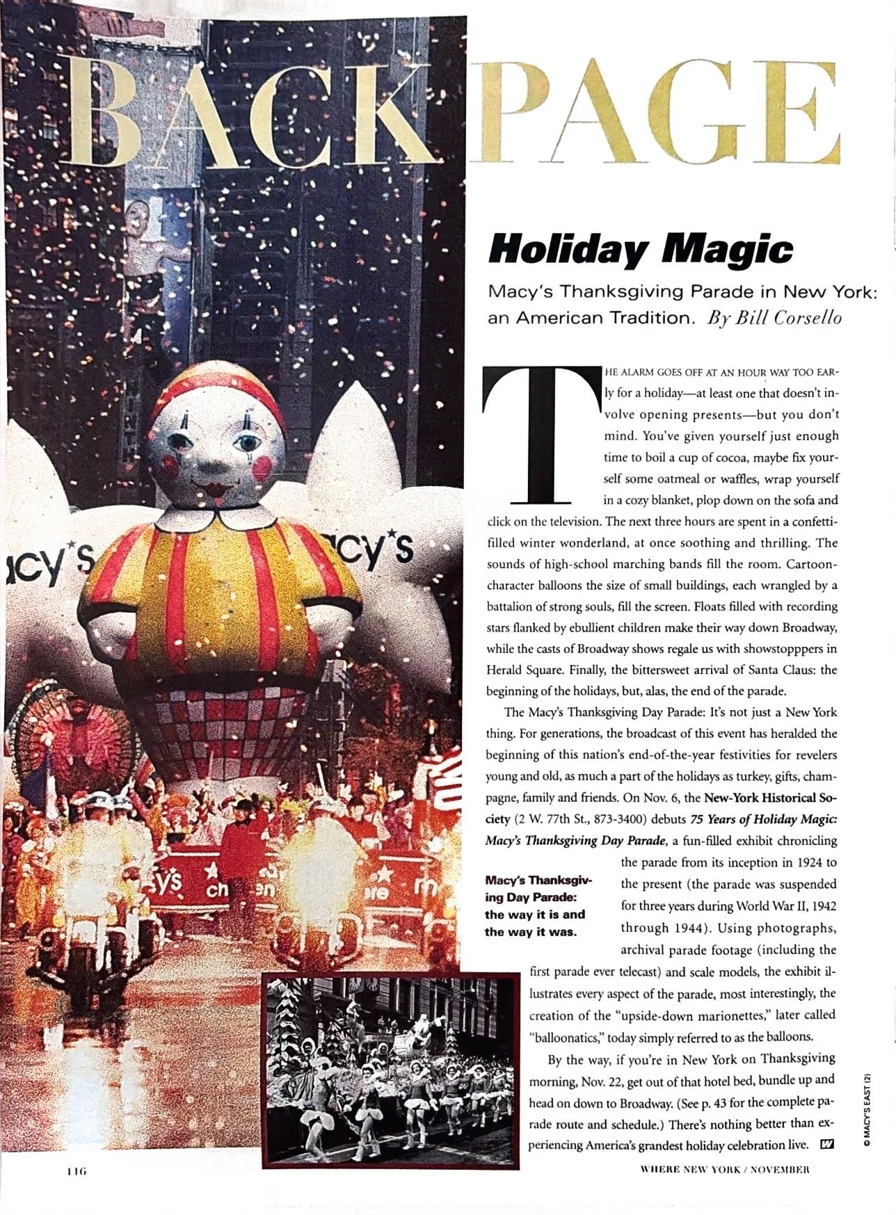 Macy's Thanksgiving Parade with a large decorative clown balloon, confetti, and parade floats, featuring a black and white photo of parade participants.