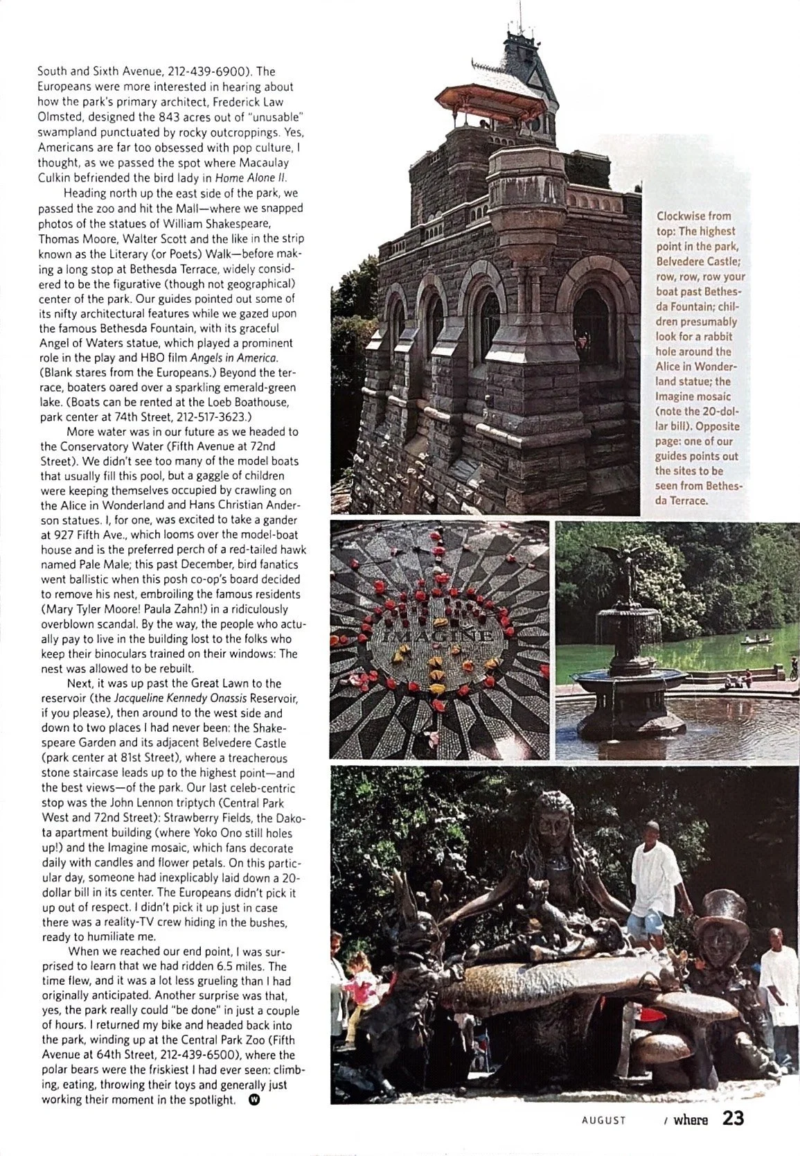 A magazine page with three photographs. The top photo shows a castle-like structure with arched windows and a turret, labeled as Belvedere Castle with a note about its location and features. The middle photo depicts a mosaic of the Statue of Liberty's torch and a person walking nearby. The bottom photo shows a bronze statue of a woman holding out a fish, surrounded by people in a park with trees.