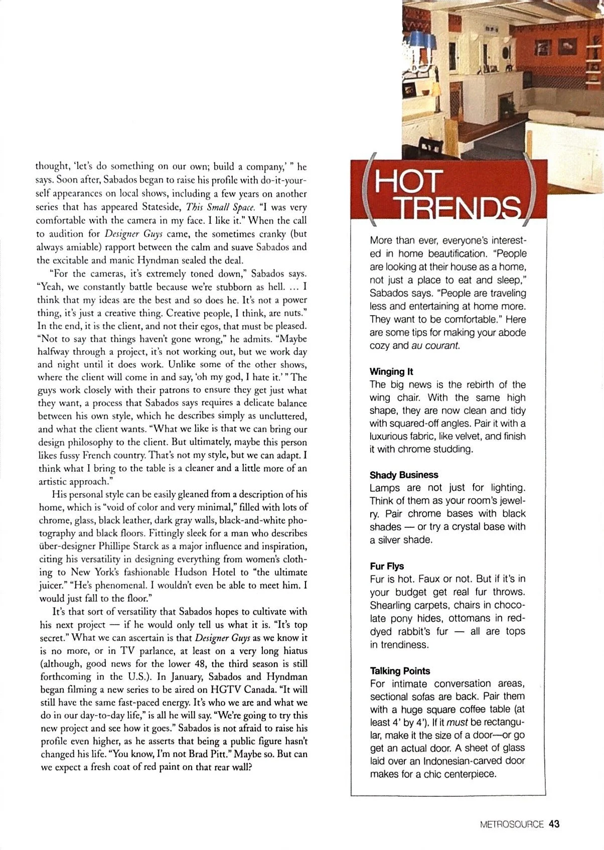 Magazine article titled 'Hot Trends' with tips on home beautification, including regions about winging it, shady business, fur flies, and talking points, alongside a photo of a modern kitchen with white cabinets, wooden accents, and open shelves.