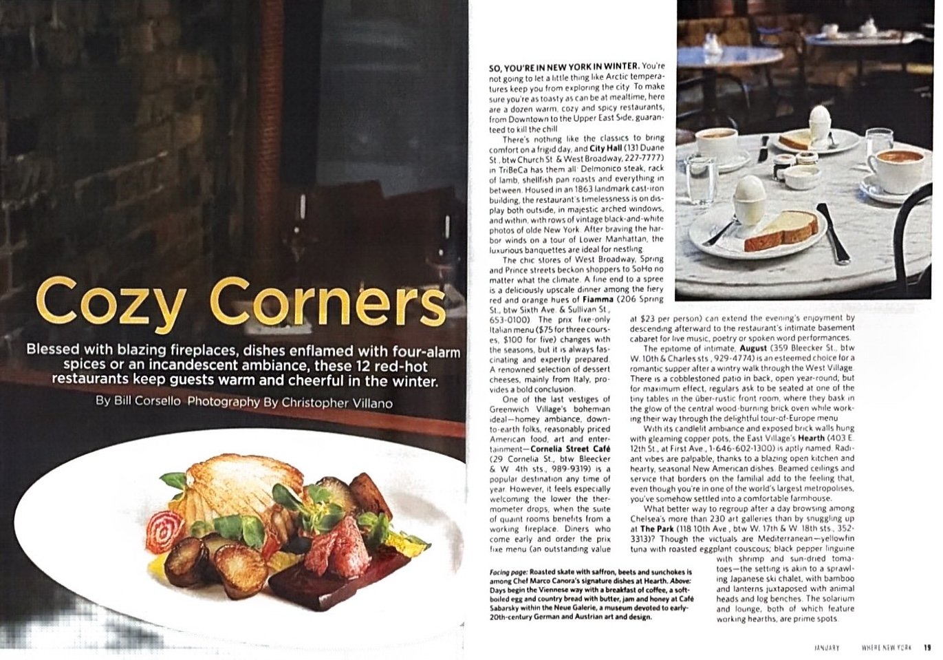 A magazine page featuring an article about cozy restaurant corners, with a photograph of a table set with cups of coffee, bread, and condiments, and another smaller picture of a plated dish with meat and vegetables.