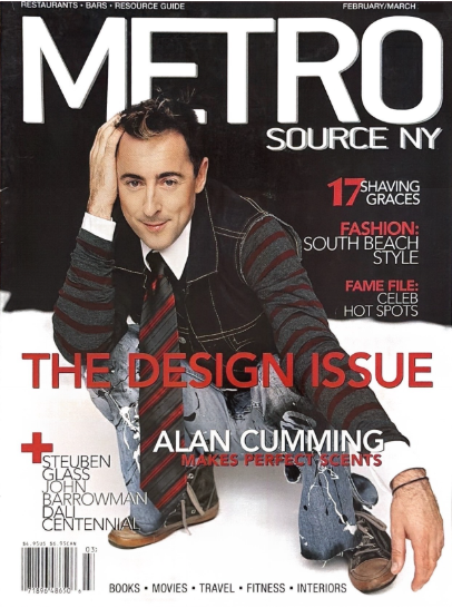 Cover of Metro Source NY magazine, February/March issue, featuring Alan Cumming in a black jacket, white shirt, and a striped tie, sitting on the floor with one hand on his head, and text highlighting fashion, celebrity spots, and design topics.