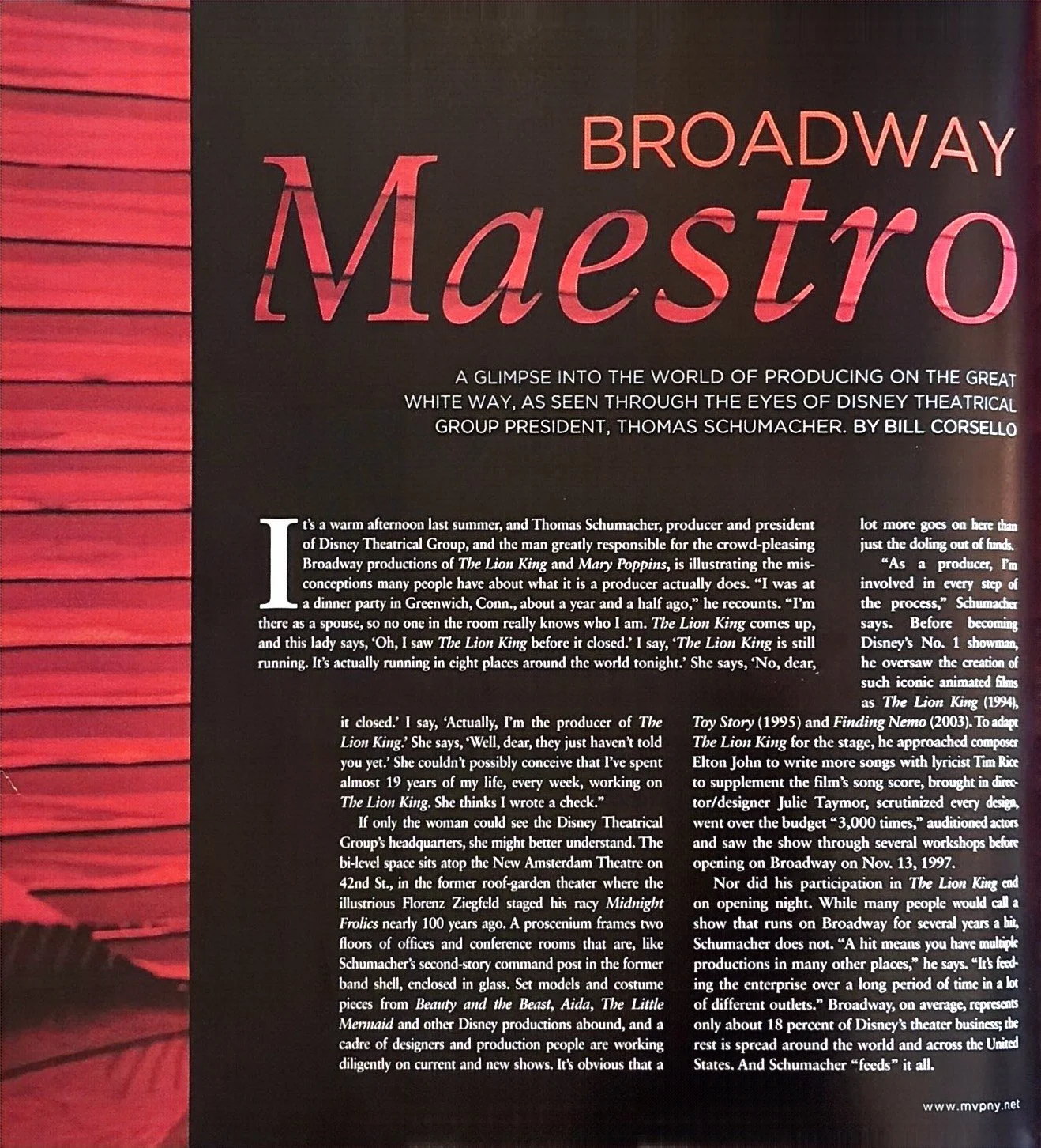 Broadway program page titled 'Maestro' with text about Disney theatrical producer Thomas Schumacher.