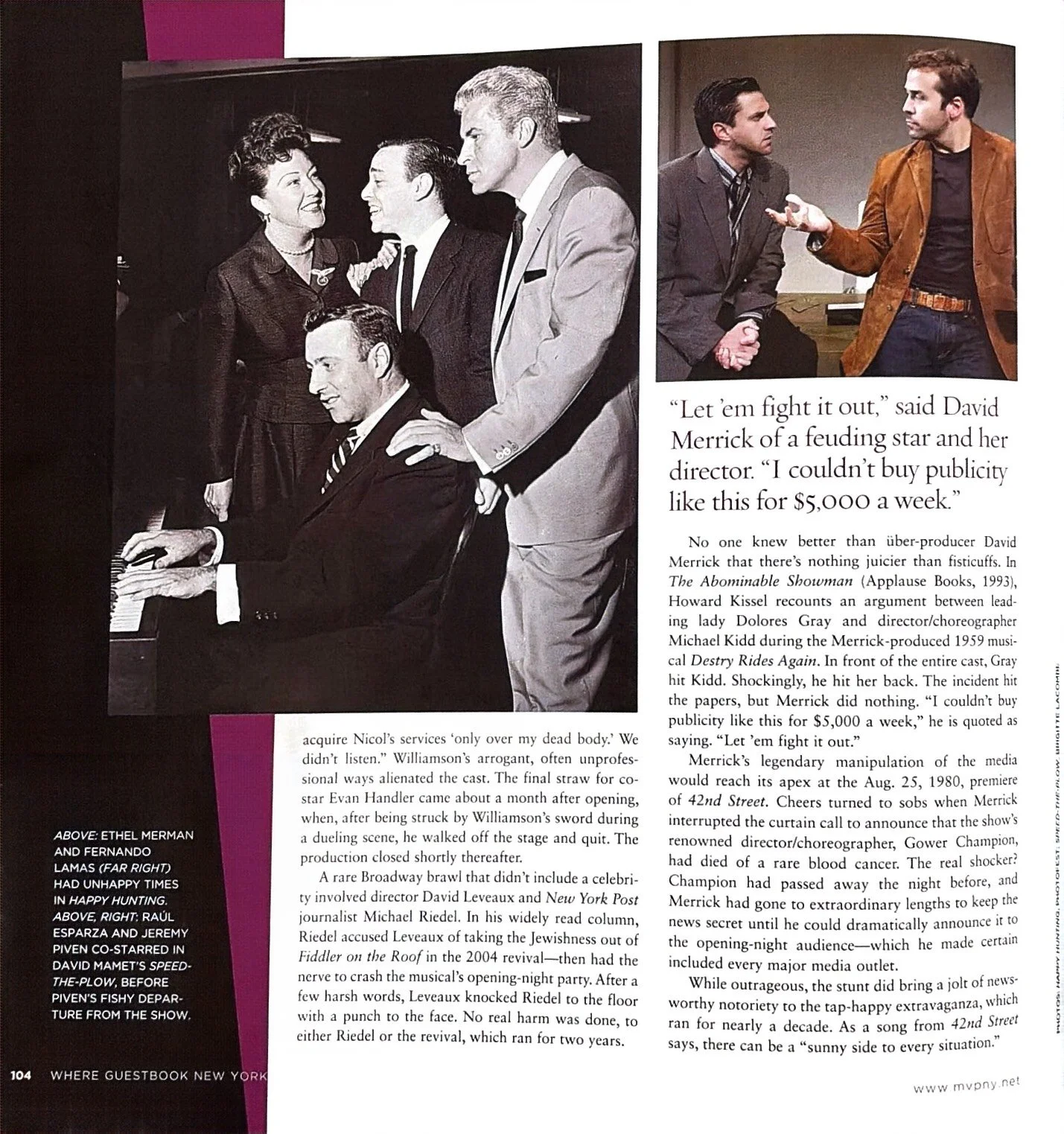 A black and white photo from a play showing actors; one playing a pianist, three others standing, and two sitting around a piano.