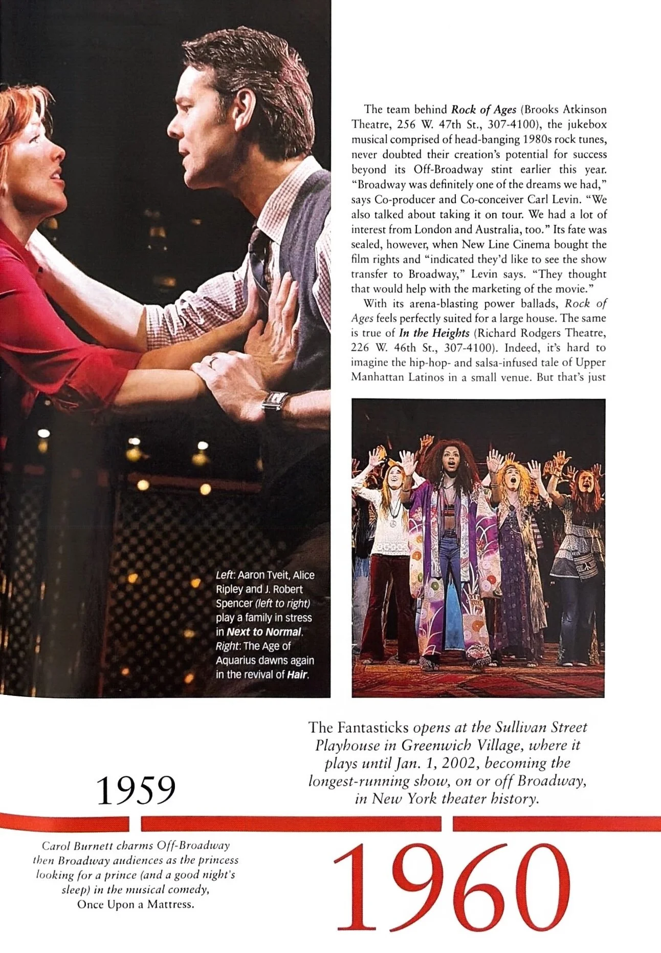 A magazine page featuring three scenes from theatrical productions. The top left shows two actors, a woman in red and a man with dark hair, engaged in a tense interaction. The bottom left shows a family in a play titled 'Next to Normal,' with actress Alice Ripley, J. Robert Spencer, and Aaron Tveit. The right side shows a cast of women singing on stage in a production of 'Hair.' There is also a timeline at the bottom mentioning 1959 and 1960 with descriptions of Broadway shows and characters.