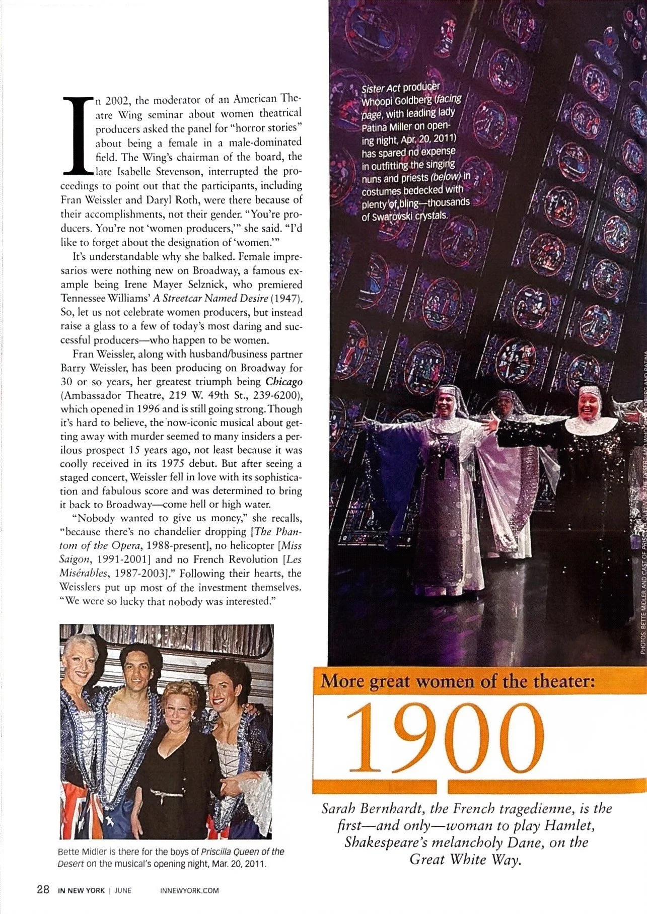 A magazine page with articles about women in theater, featuring a photograph of three women in costumes on stage with stained glass windows, a picture of a woman in costume with children, and a large orange number '1900' with text describing Sarah Bernhardt.