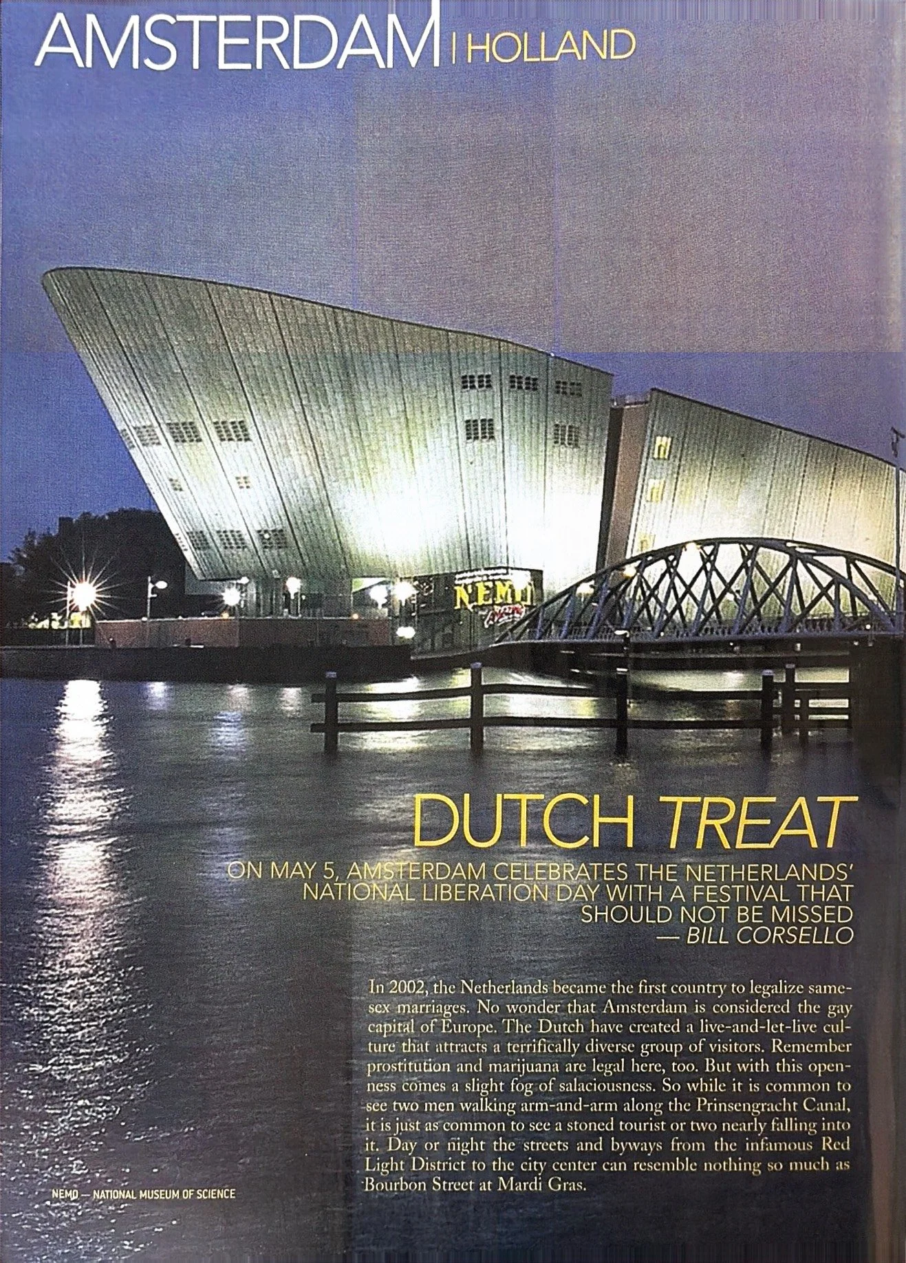 Nighttime view of the Dutch Museum of Science in Amsterdam, with a modern, curved building illuminated and reflected in water, featuring a bridge in the foreground. Text overlays describe the celebration of Netherlands' National Liberation Day.