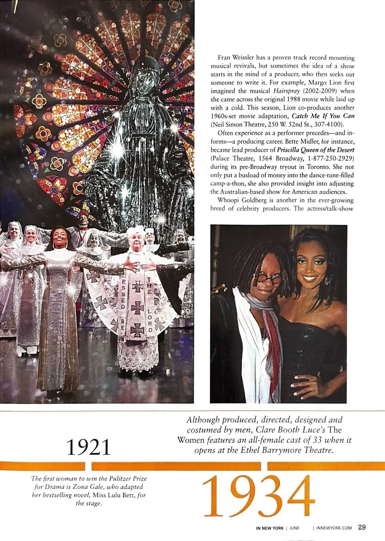 Page from a magazine featuring photos and text about the years 1921 and 1934, including images of a stage performance with women dressed in silver gowns, a statue of the Virgin Mary with a stained glass backdrop, and a woman with an African American woman with glasses.