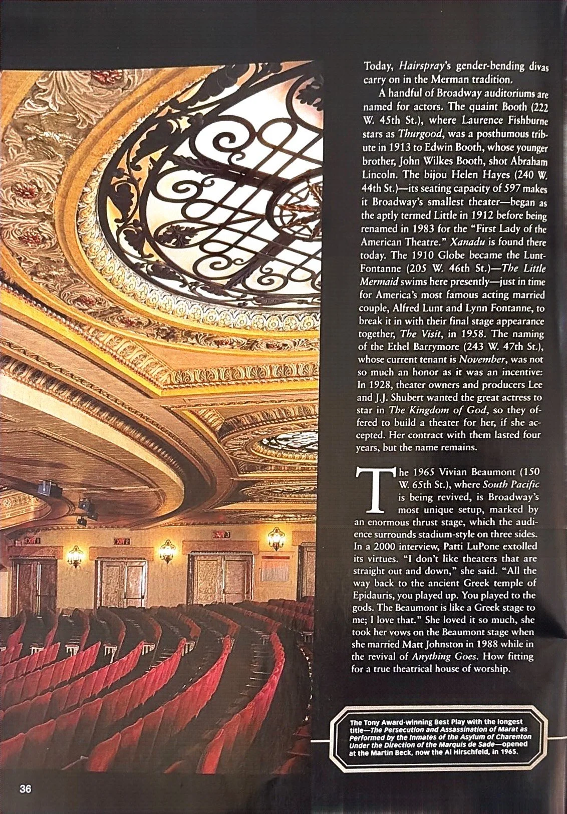 Photo of an ornate theater interior with a decorative ceiling, gold accents, red theater seats, and a large clock on the ceiling.