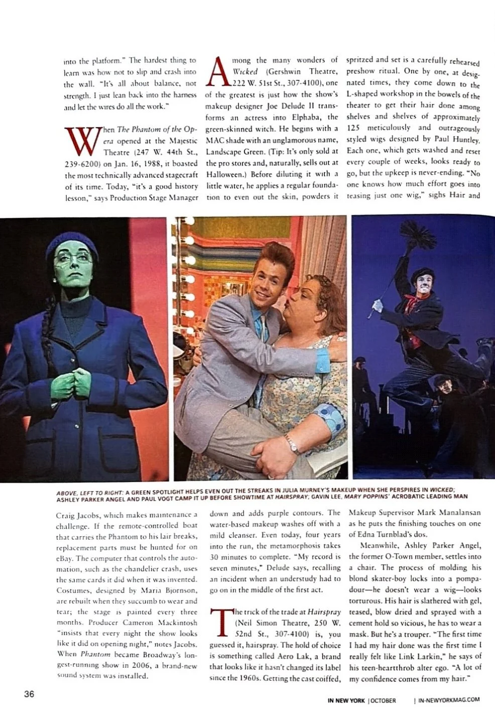 Three photos: a woman with blue skin and green face, a man and woman embracing, a performer jumping with a broomstick against a blue background.