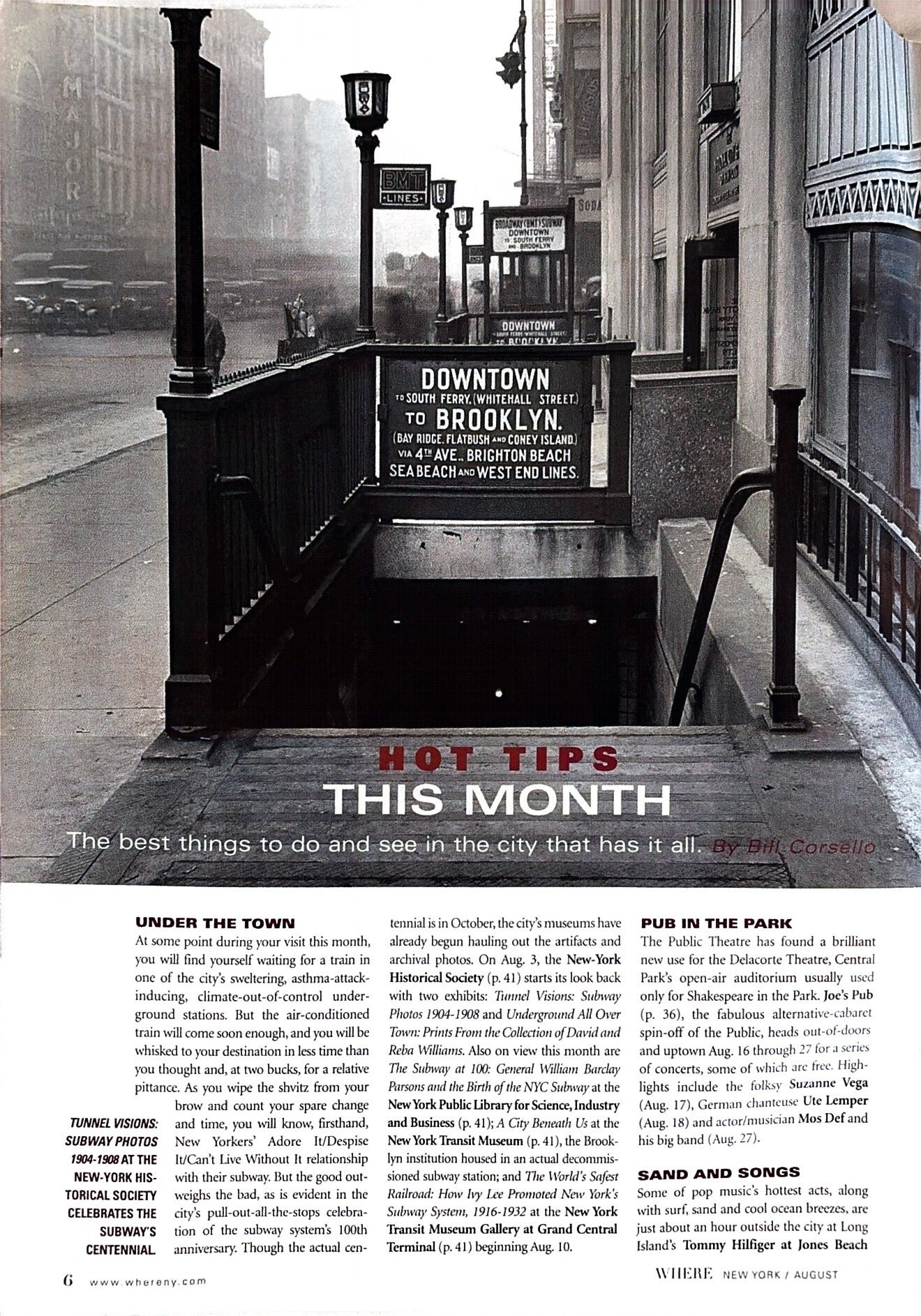 Black and white photo of the entrance to the Brooklyn subway station with signs indicating directions to Brooklyn, Brighton Beach, and West End Lines, and a newspaper titled 'Hot Tips This Month' with travel suggestions and city tips.