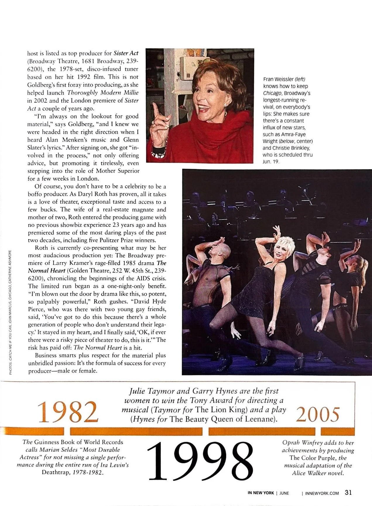 Page from a magazine with a photo of Fran Weissler smiling and gesturing, a dance performance with women in black costumes, and text about Broadway and notable achievements of women in the arts.