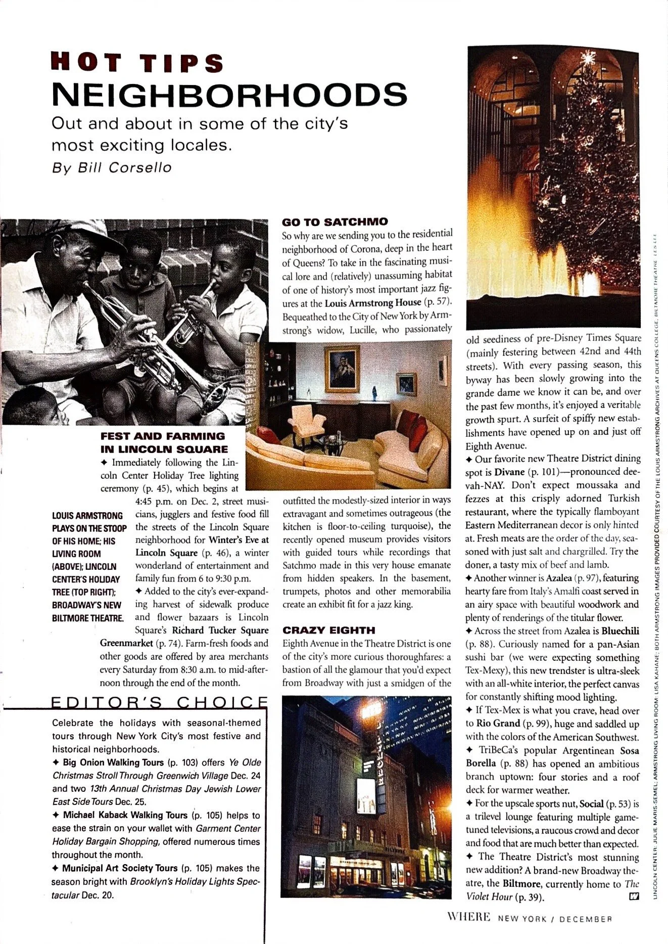 Page from a magazine featuring articles about neighborhoods in New York City, including photos of a jazz musician with children, a decorated interior of a museum or home, a holiday street scene, and a city street at night.