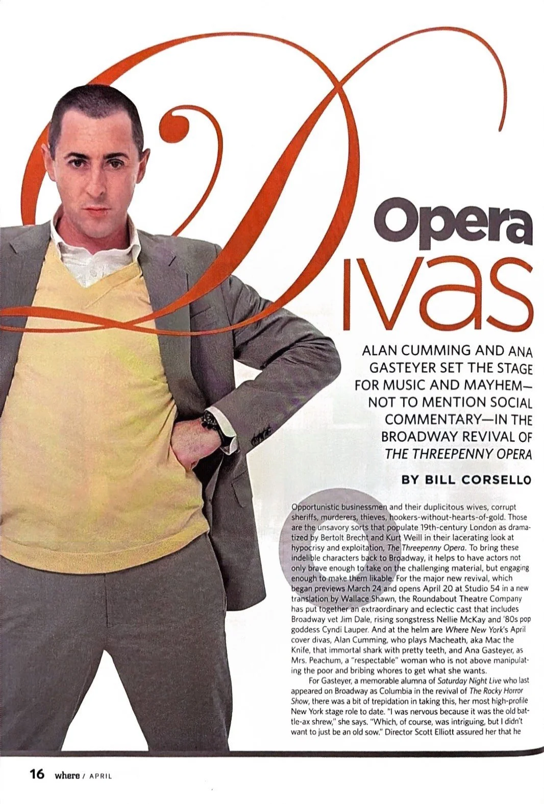 Page from a magazine showing a man in a suit and yellow sweater with the text 'Opera Ivas' and an article about a theatrical production.