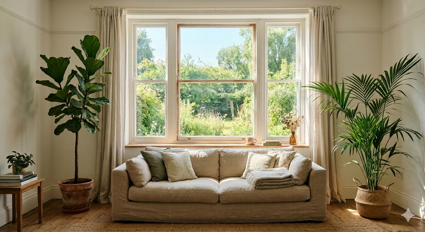 Bright living room with large window, cream sofa, and various green houseplants including a tall tree and a potted palm.