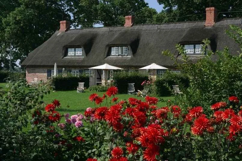 Ein ländliches Haus mit thatergedecktem Dach, umgeben von einem Garten mit blühenden roten und pinkfarbenen Blumen, Rasenfläche, Bänken und Sonnenschirmen.