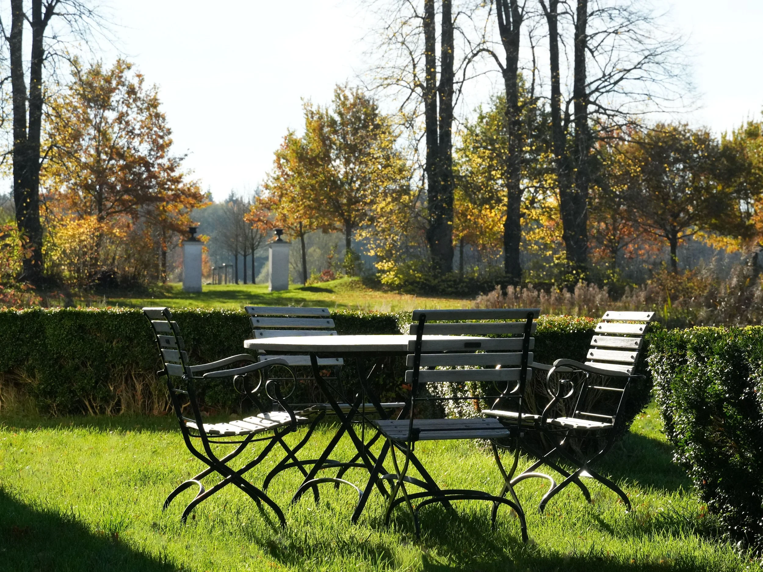 Ein Park mit Bänken im Vordergrund, umgeben von Bäumen mit herbstlicher Laubfärbung, sonnigem Himmel und einer gepflegten Rasenfläche.