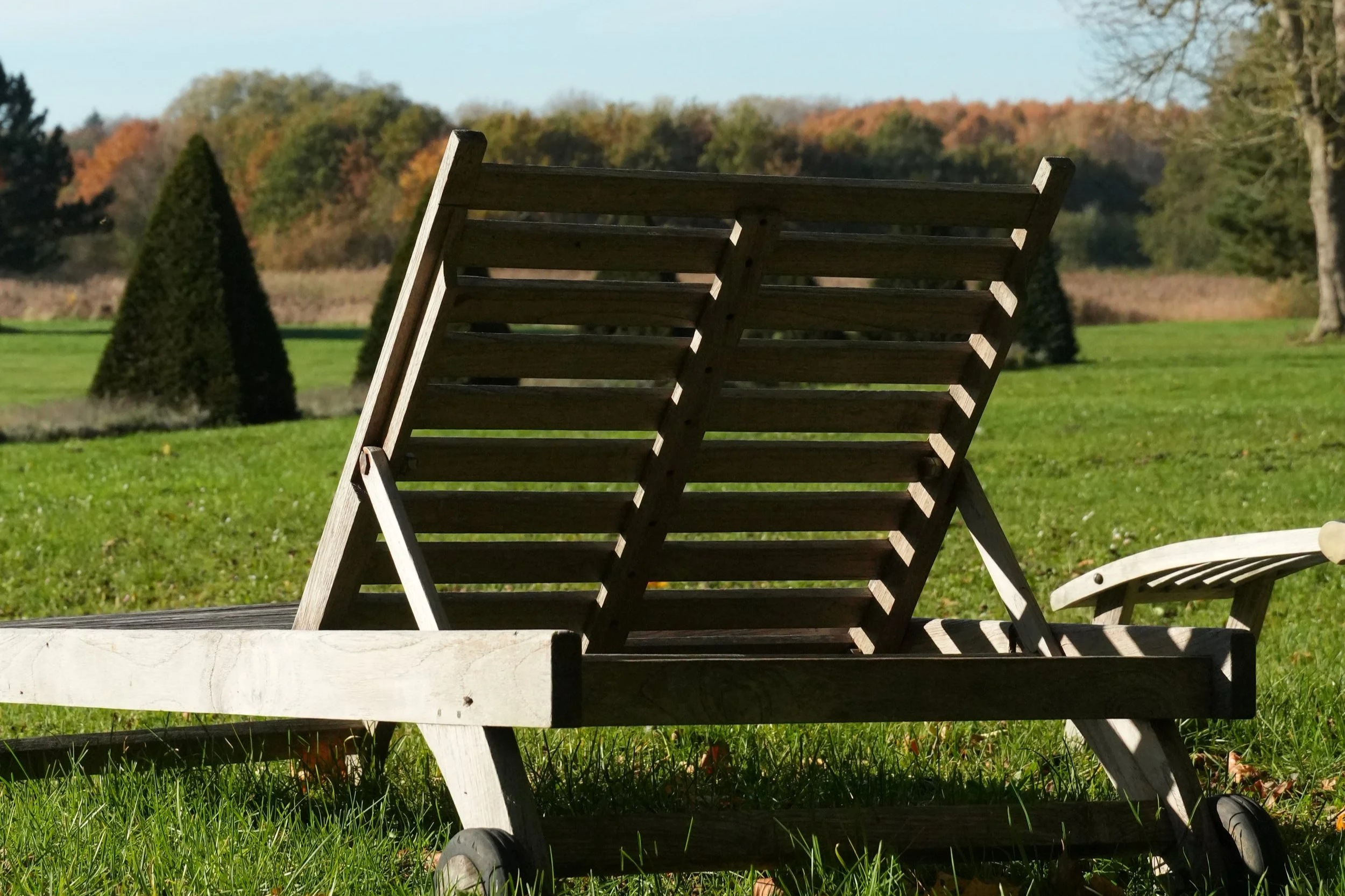 Holzliege im Garten vor Bäumen mit herbstlich gefärbten Blättern.
