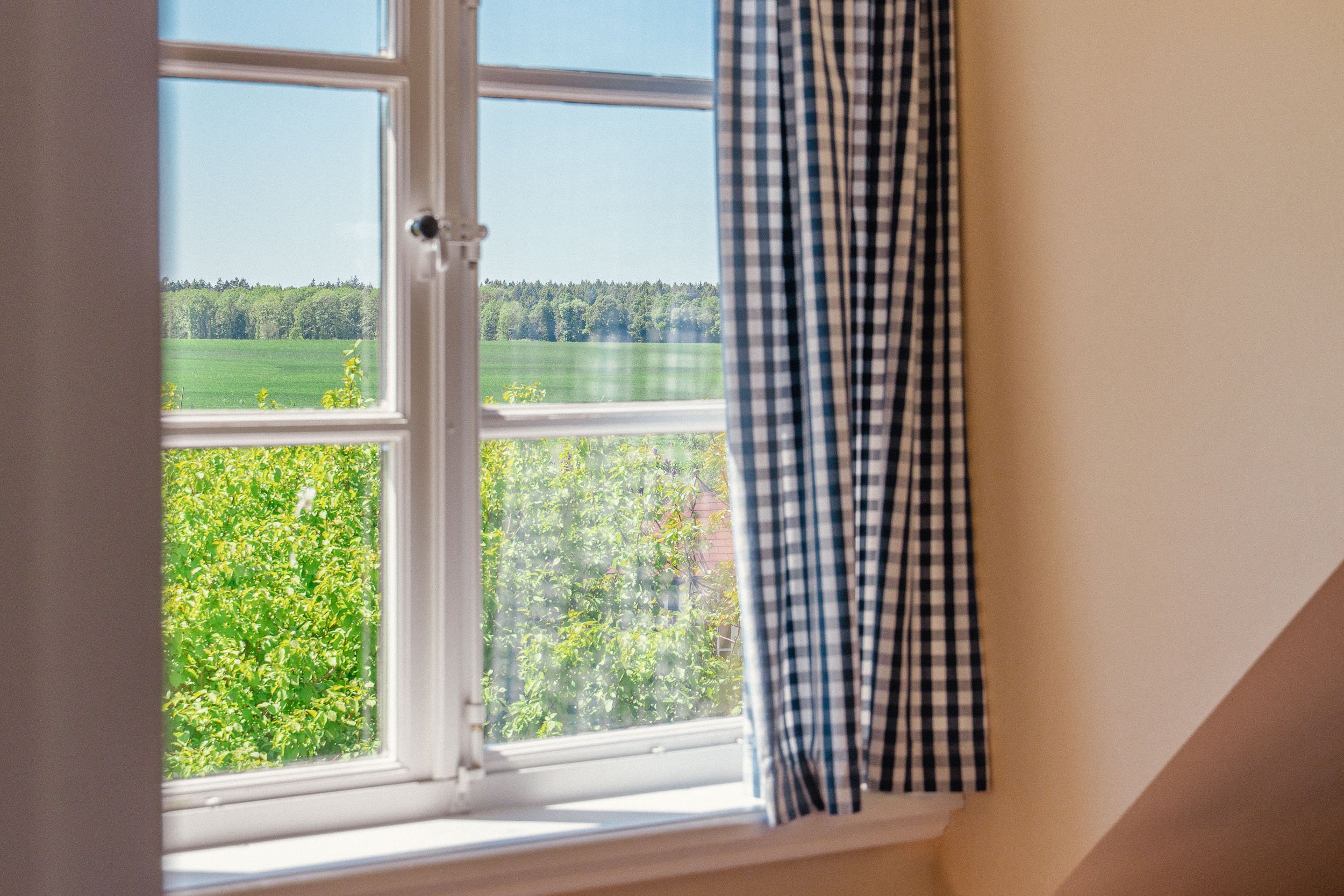 Ein Blick aus einem offenen Fenster mit einem blau-weiß karierten Vorhang, der an einer Seite hängt. Im Hintergrund ist eine grüne Landschaft mit Bäumen und einem blauen Himmel sichtbar.