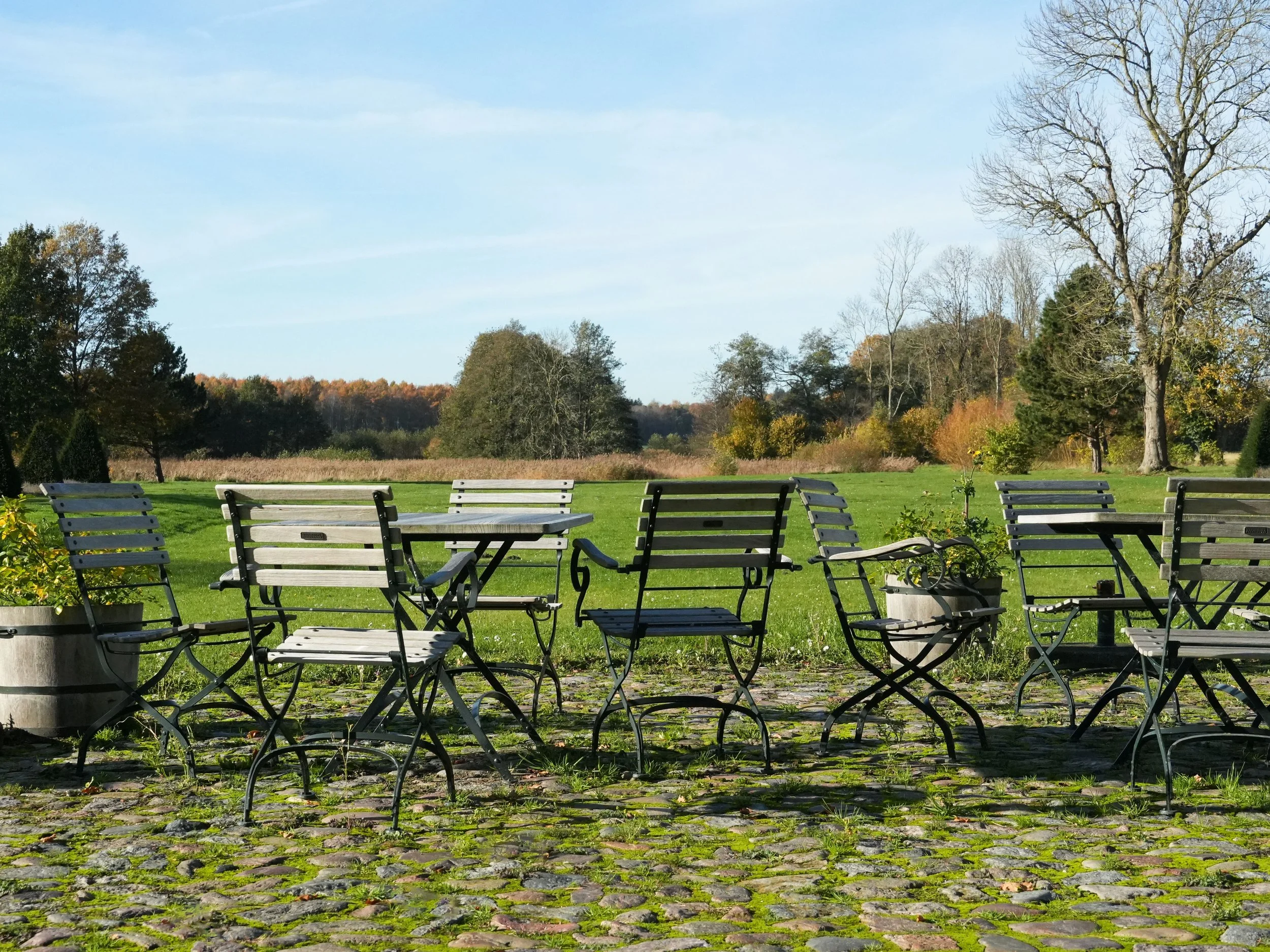 Ein Garten mit mehreren leeren Metallstühlen und -tischen auf einer steinigen Terrasse, umgeben von Bäumen mit herbstlichem Laub, bei sonnigem Himmel.