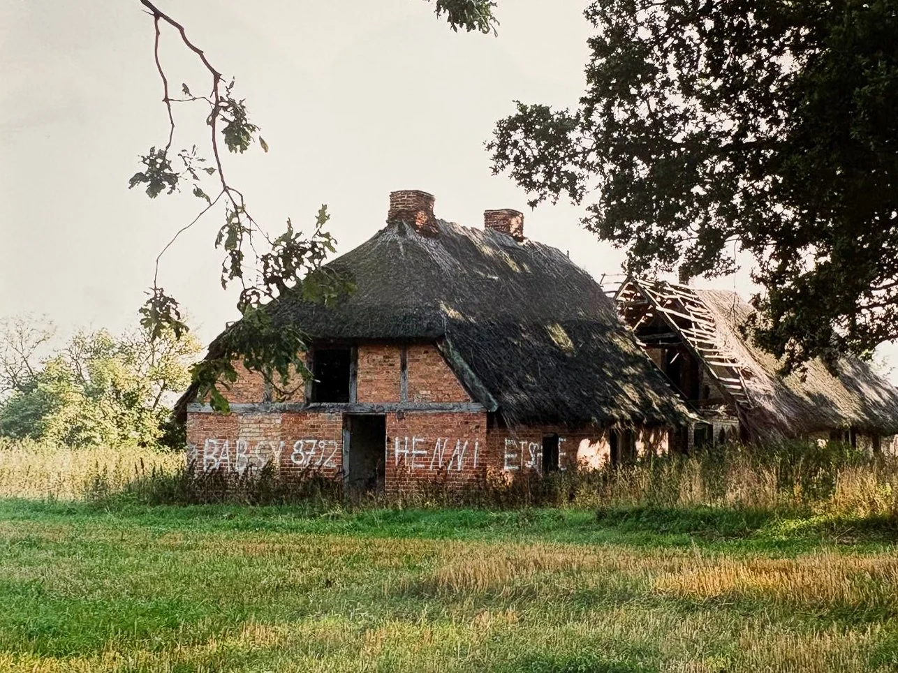 Ein altes, verfallenes Bauernhaus mit Strohdach, umgeben von Gras und Bäumen, mit Graffiti an der Vorderwand.