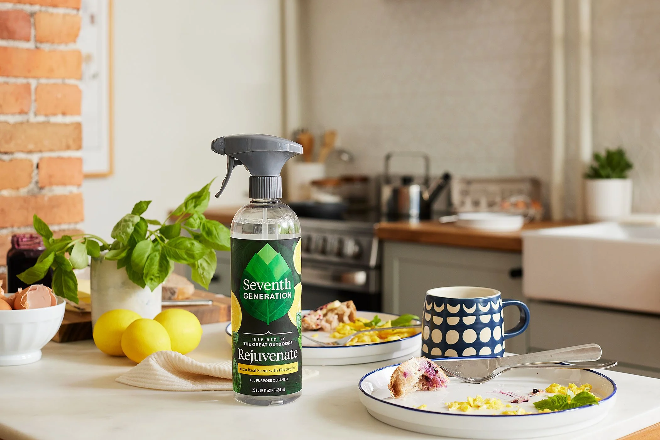 A kitchen countertop with a plant, three lemons, eggs in a bowl, a dish with partially eaten food, a mug, and a bottle of all-purpose cleaner. The background features a stove, kitchen utensils, and a window.