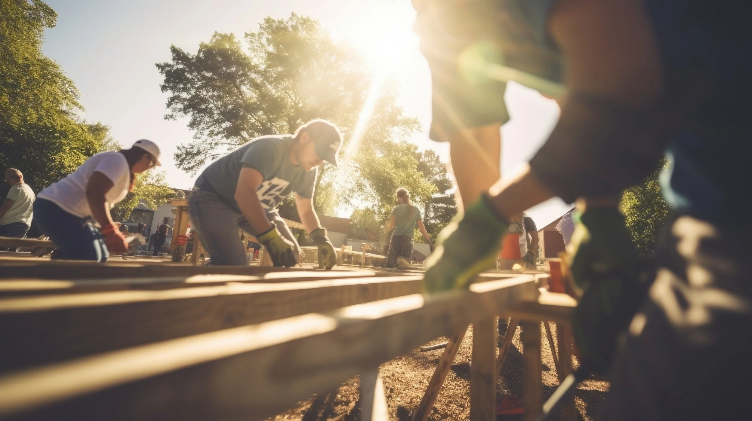 People working on an outdoor construction project in the sunlight, assembling wooden structures surrounded by trees.