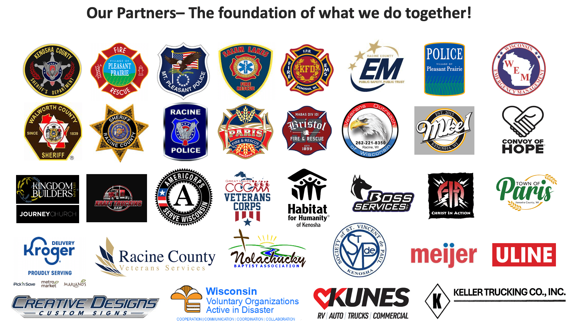 A collection of logos representing various community organizations, emergency services, and local businesses, including police, fire rescue, sheriff, veterans services, Habitat for Humanity, and local retailers.
