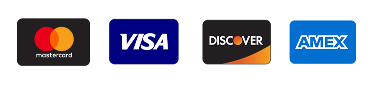Logos of Mastercard, Visa, Discover, and American Express credit card companies.