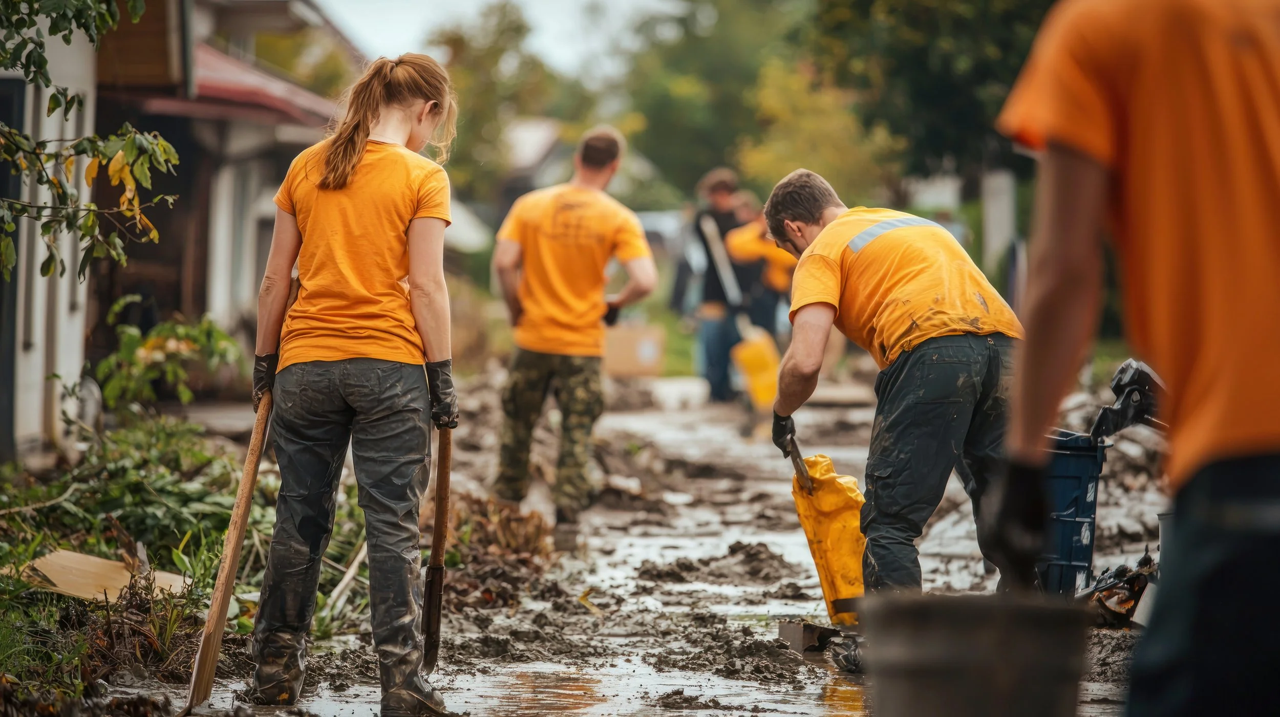 Workers in yellow shirts and muddy pants working outdoors on a construction or cleanup project, using tools and handling yellow bags, with trees and houses in the background.