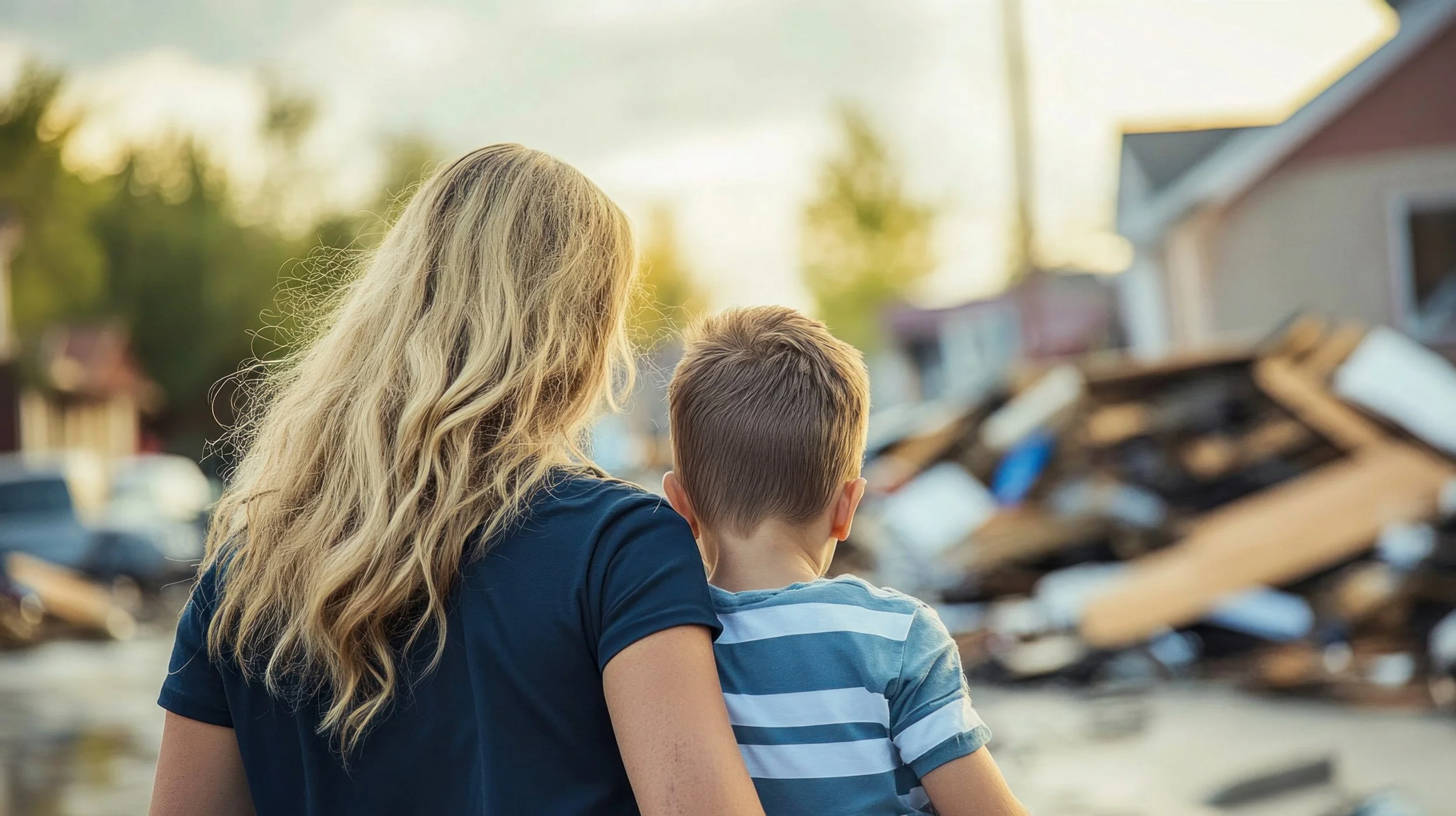 A woman with long wavy blonde hair and a young boy with short brown hair stand outdoors, looking at a scene with debris, possibly after a storm or disaster, with trees and houses in the background.