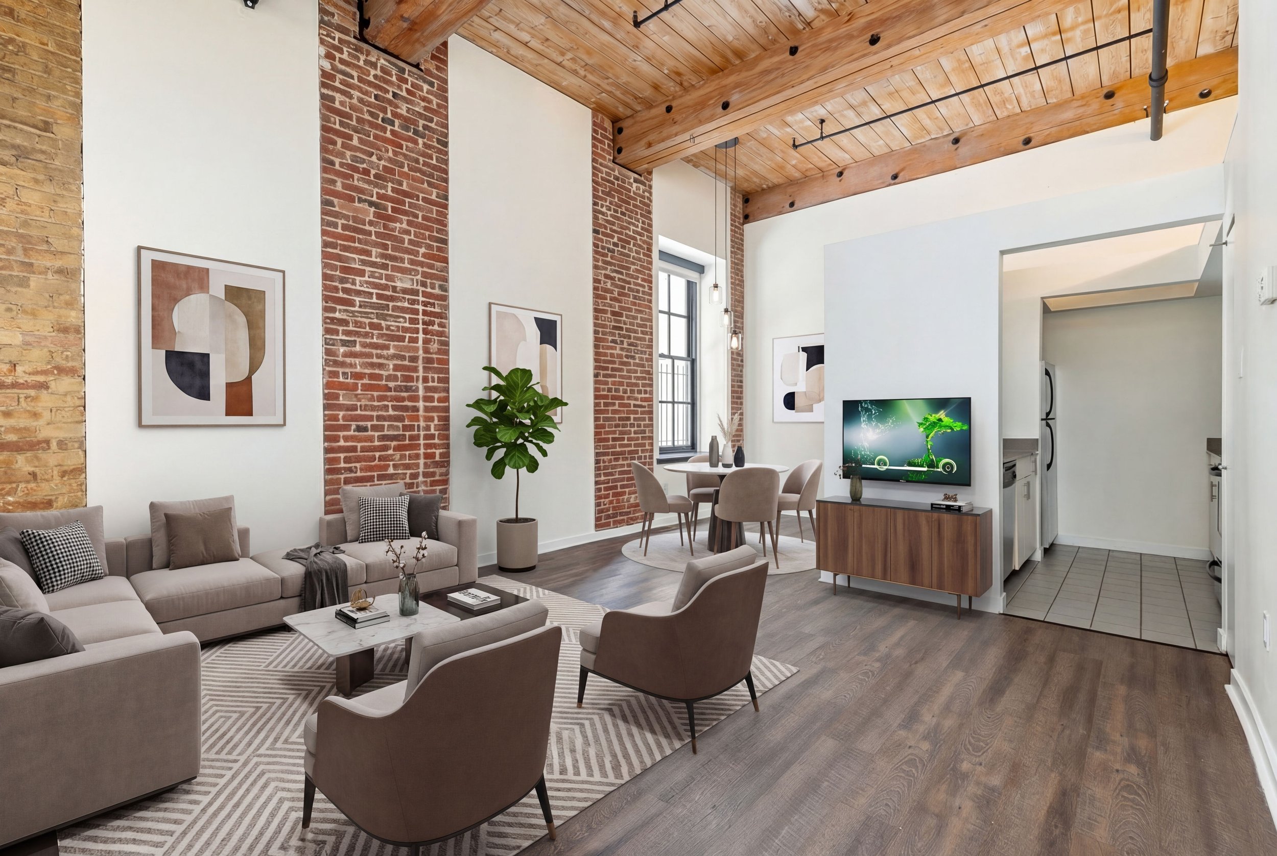 Living room with exposed brick and wooden ceilings, modern furnishings, wall art, a glass dining table with chairs, a TV, and a large potted plant.
