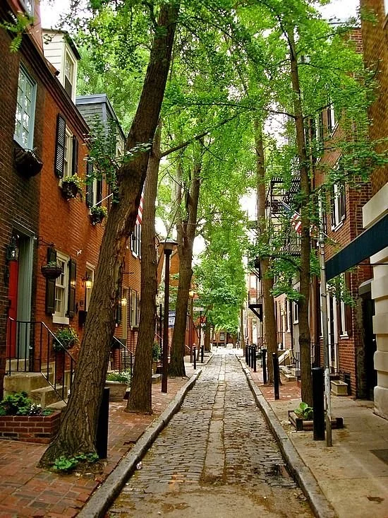 A narrow cobblestone street corridor lined with brick residential buildings on either side, featuring black wrought-iron railings, potted plants, and black lampposts. Large green trees with canopy overhead provide shade.