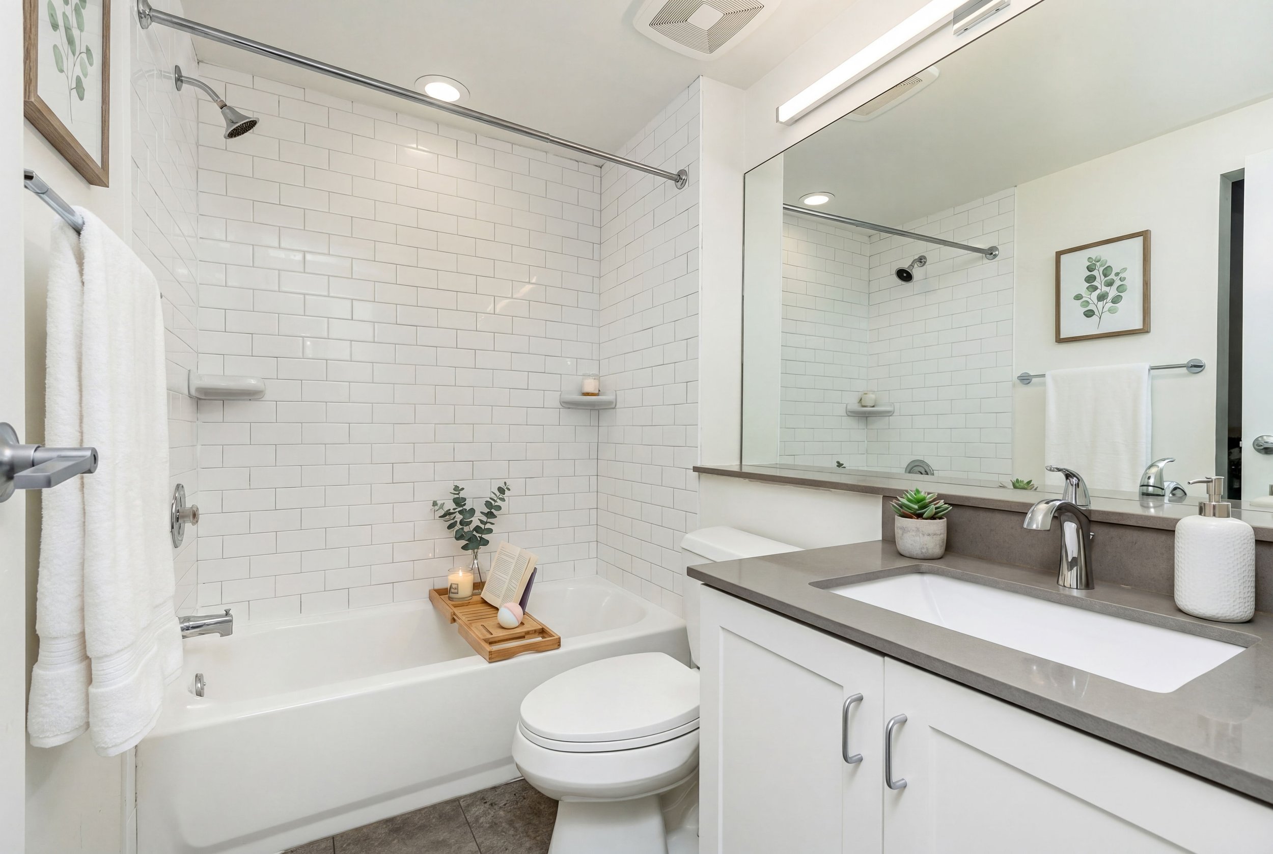 Modern bathroom featuring a bathtub with a bamboo bath rack, white subway tile walls, a shower with a rain showerhead, a large mirror above the sink, a gray countertop with a potted succulent, some candles, and white towels.