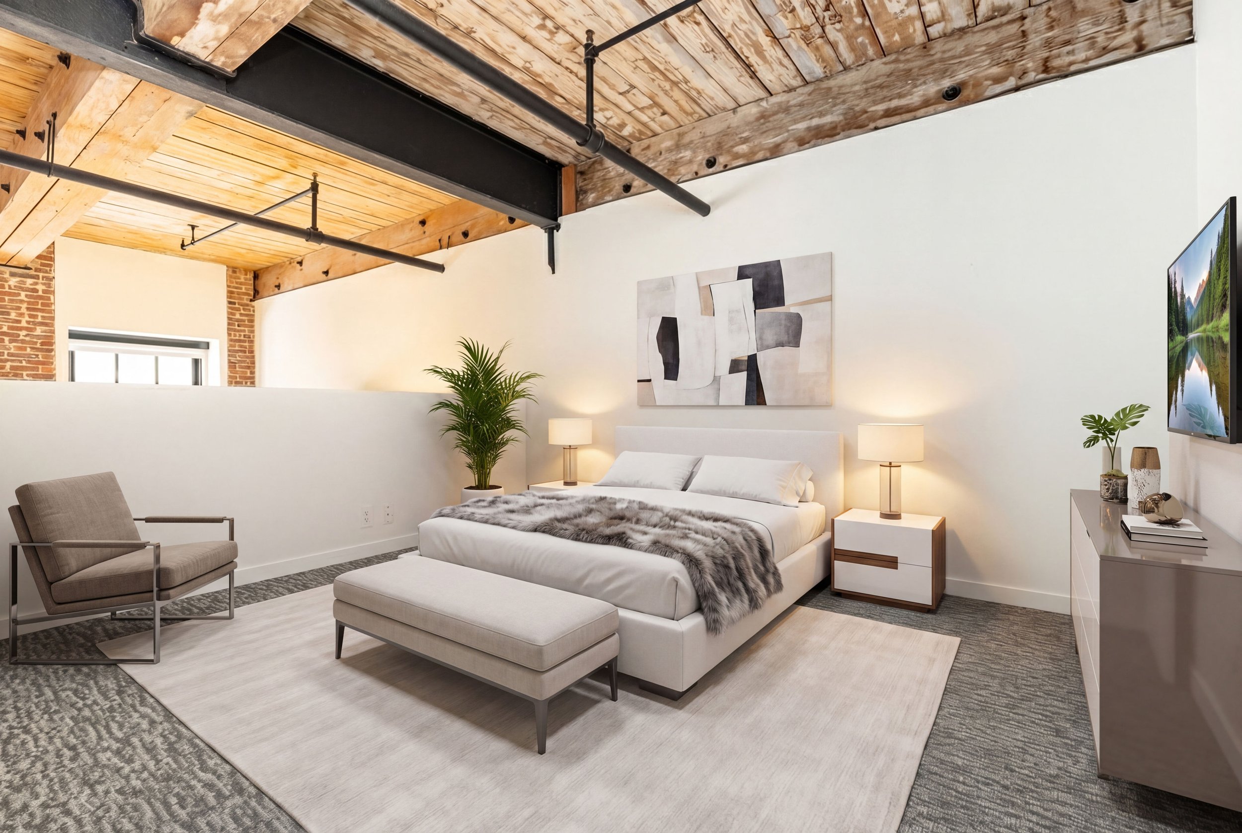 Modern bedroom with exposed wooden ceiling beams, white walls, a large bed with white bedding and a fur throw, a painting above the bed, a nightstand with lamps, a gray armchair, and a flat-screen TV on the right