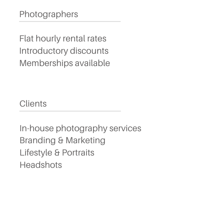 Text listing photography services and client offerings, including rental rates, discounts, membership, in-house services, branding, portraits, and headshots.