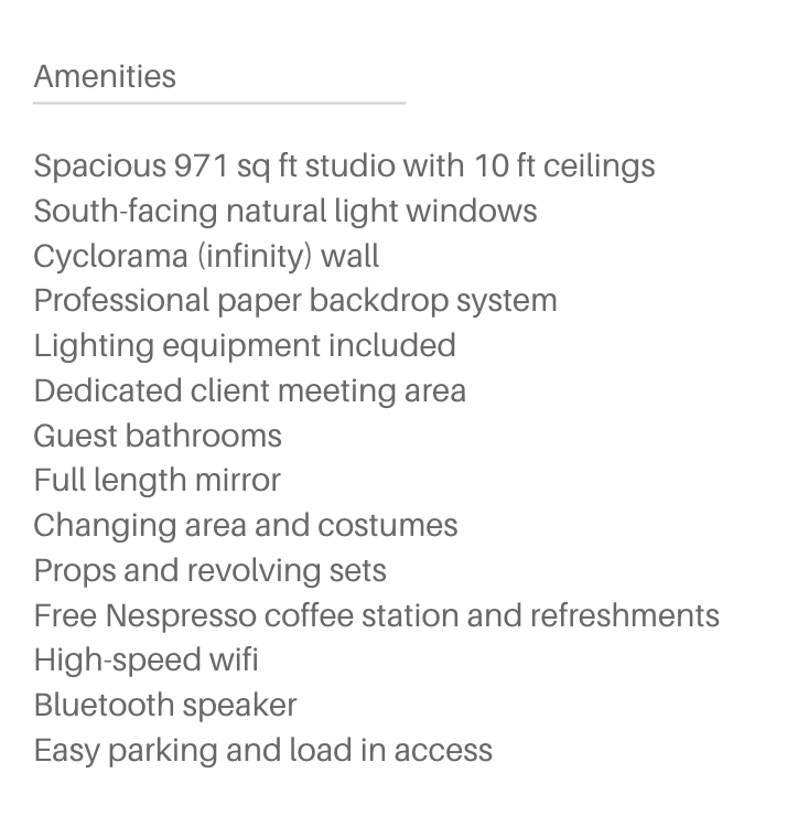 Text listing amenities for a studio apartment, including large size, natural light, modern wall, professional backdrop, lighting, client area, guest bathrooms, mirror, changing area, props, coffee station, wifi, Bluetooth speaker, parking.