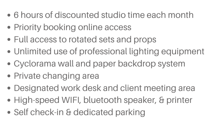List of amenities including discounted studio time, online booking, rotating sets, professional lighting, wall and paper backdrop system, private changing area, designated work desk, high-speed WiFi, Bluetooth speaker, printer, self check-in, and parking.