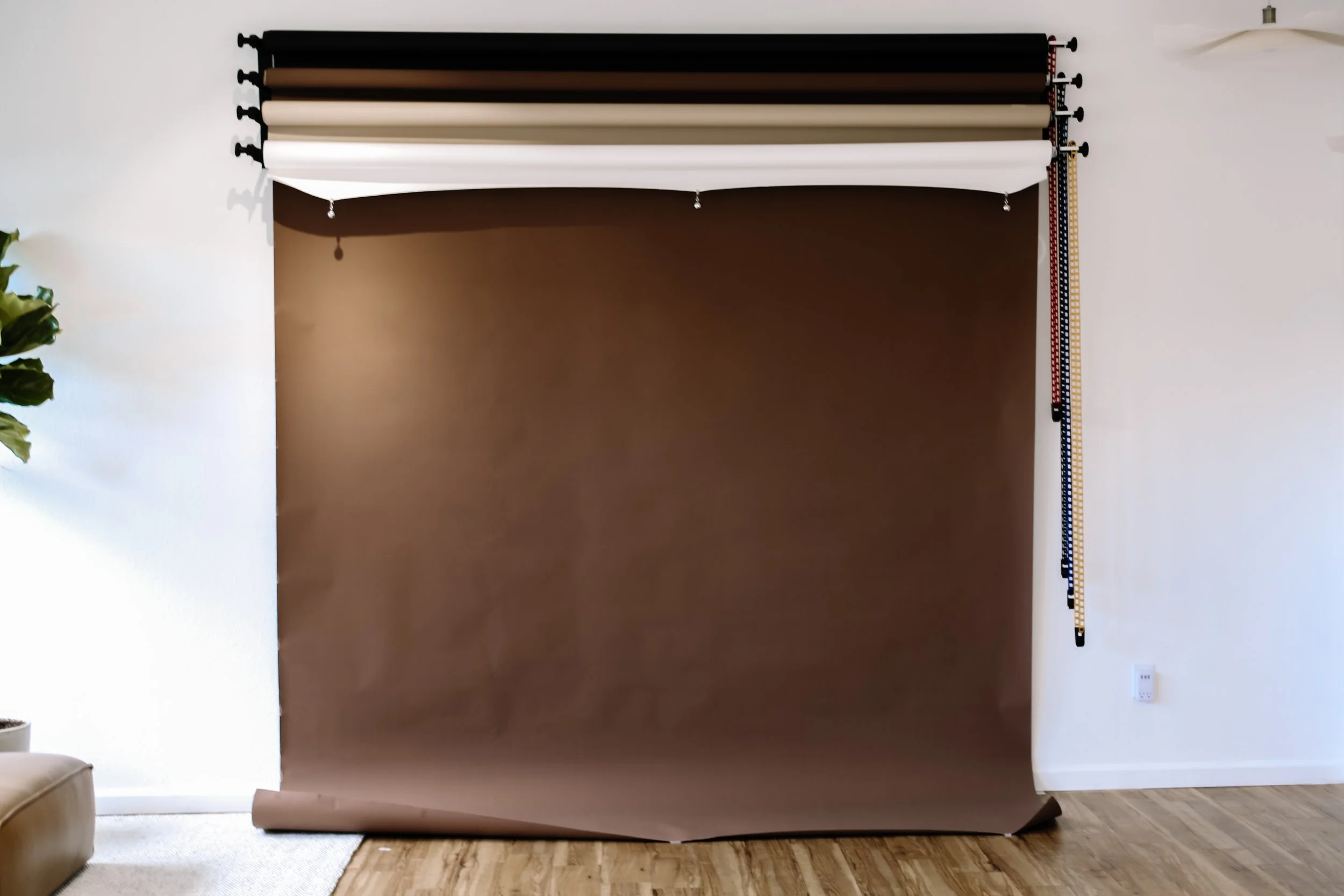 A photography backdrop with multiple rolls of fabric in black, brown, beige, and white hanging on a wall. The backdrop is rolled down slightly at the bottom. To the right, a measuring tape is attached to the wall. The room has a brown accent wall, a wooden floor, and a small part of a white armchair is visible in the lower left corner. A green plant is partially visible on the left side of the image.