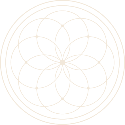 Geometric pattern with overlapping white circles forming a flower-like design on a black background.