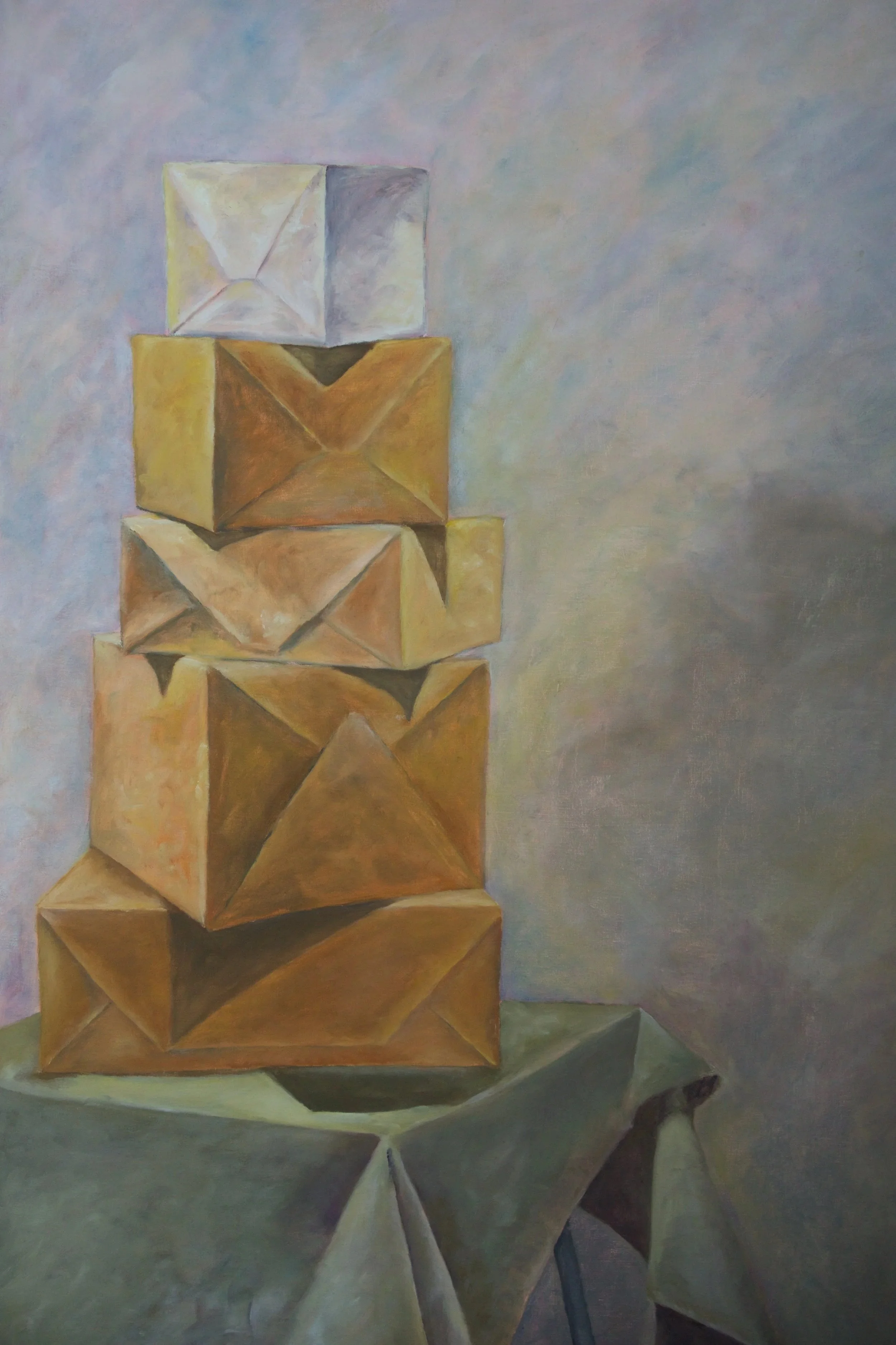 Painting of several stacked brown, yellow, and white paper envelopes on a green table with a cloth, against a textured pastel-colored background.