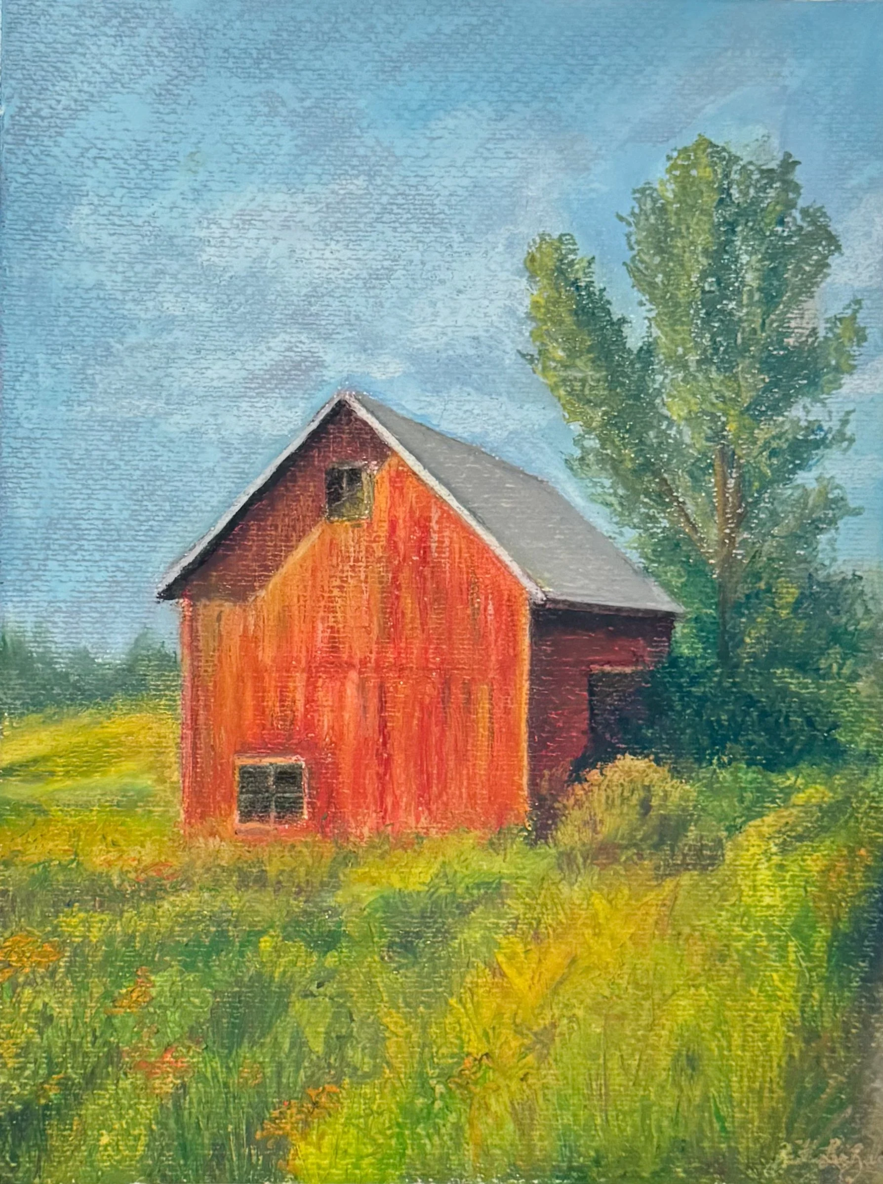 Painting of a red barn with a gray roof, set in a grassy field with green foliage and a large tree in the background under a blue sky.