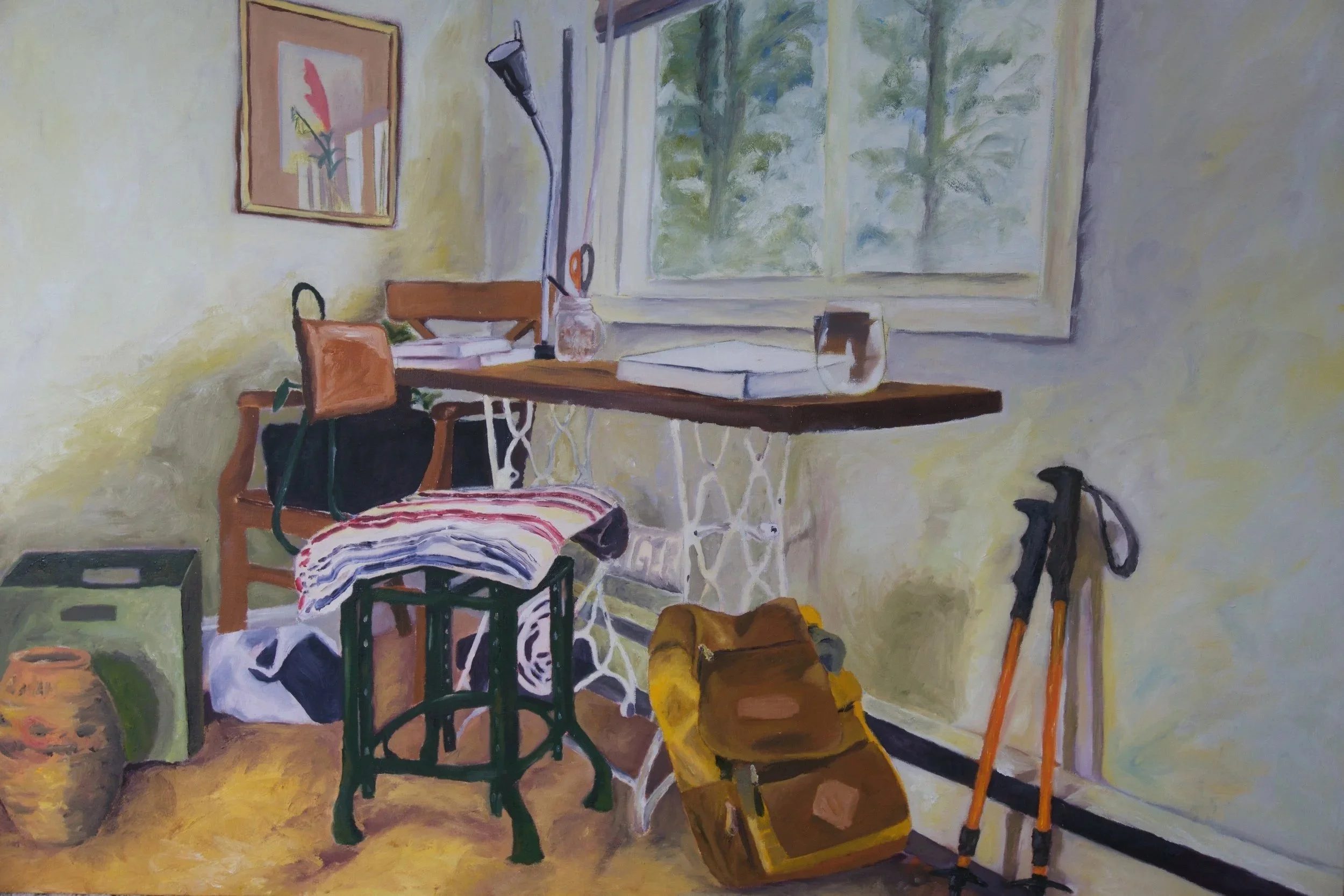 Painting of a cluttered room with a window and various objects including a backpack, tripod, chairs, and books.