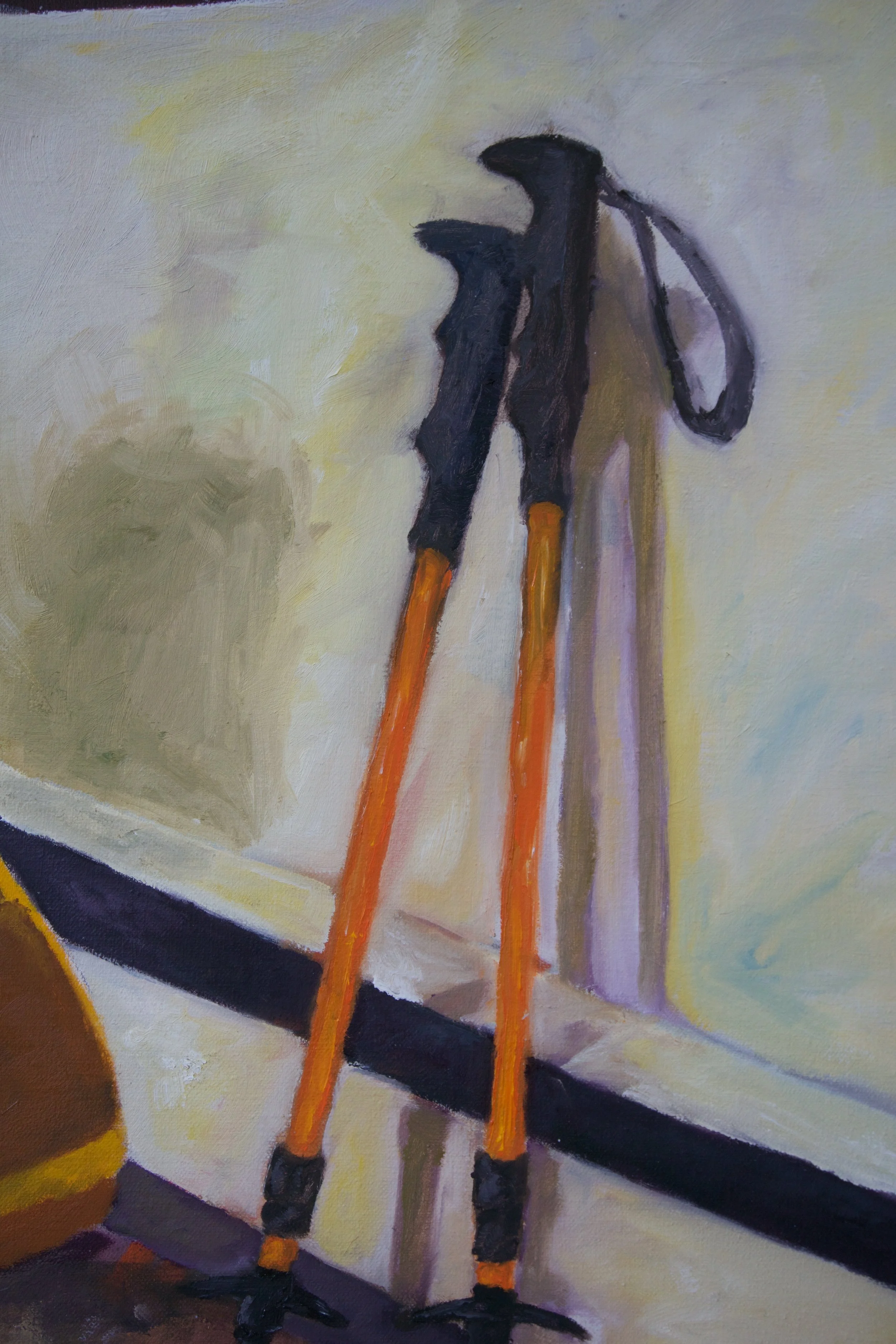 Painting of a pair of black and orange crutches leaning against a wall near a table.