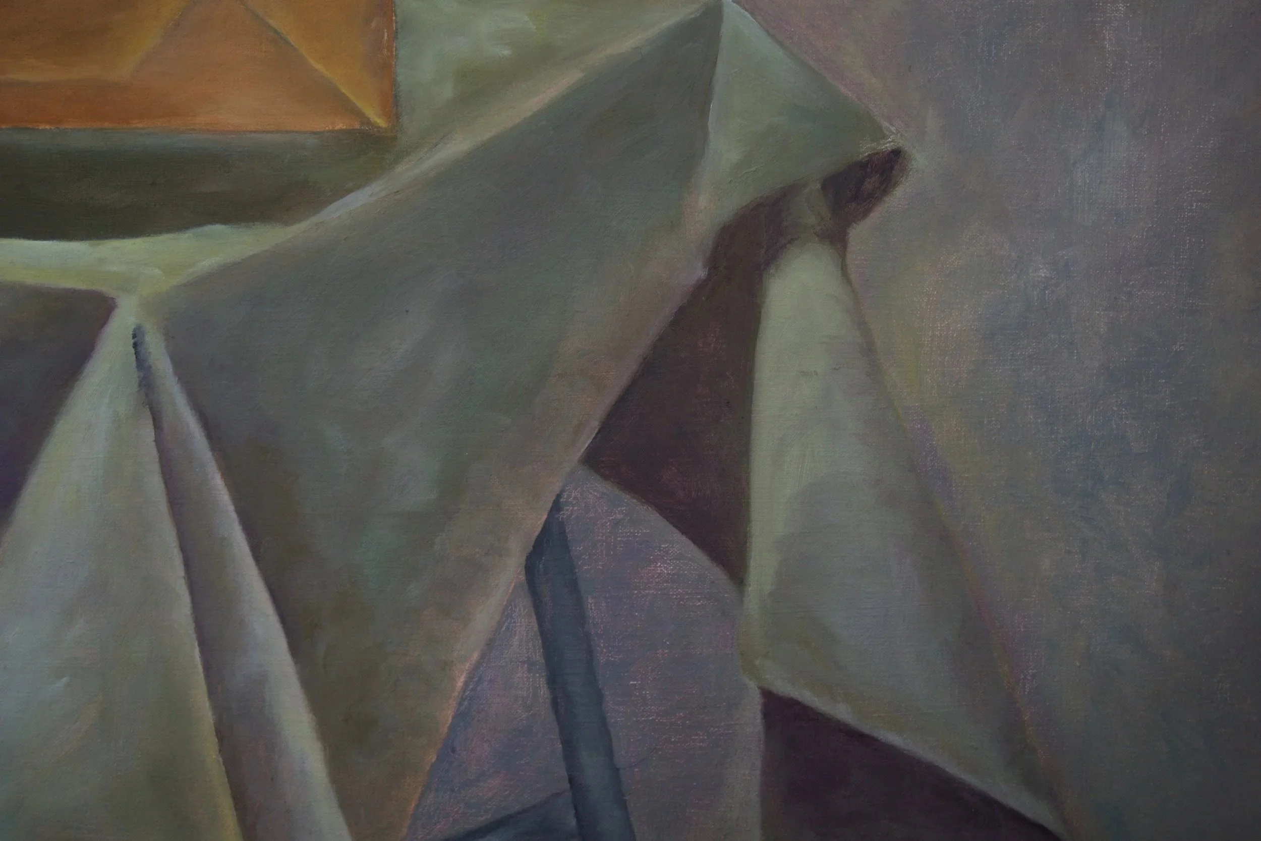 Close-up of a geometric abstract painting with angular shapes in shades of green, yellow, and gray.