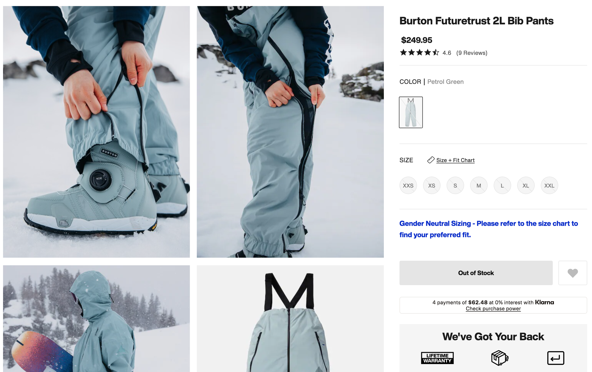 Images of Burton Futuretrust 2L Bib Pants in petrol green, including a person adjusting their ski boots, a person in winter gear holding a snowboard, and a backpack.